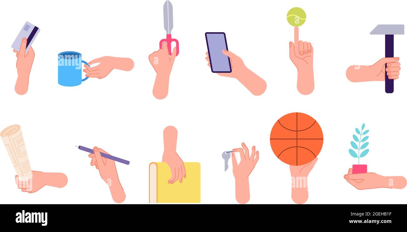 Poses différentes mains. Gestes isolés, bras tenant le porte-clés du livre de crayons. Positions du poignet du doigt plat, homme tenir carte de crédit ensemble de vecteur de la coupe Illustration de Vecteur