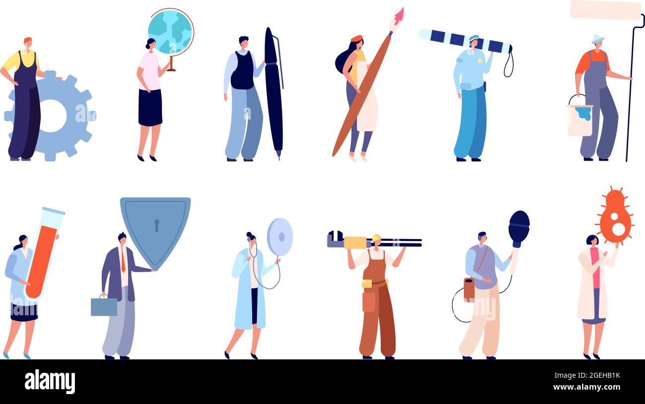 Divers personnages professionnels. Femme d'affaires, personnes de l'art design assurance santé. Les travailleurs tiennent un ensemble de vecteurs de bactéries du globe Illustration de Vecteur