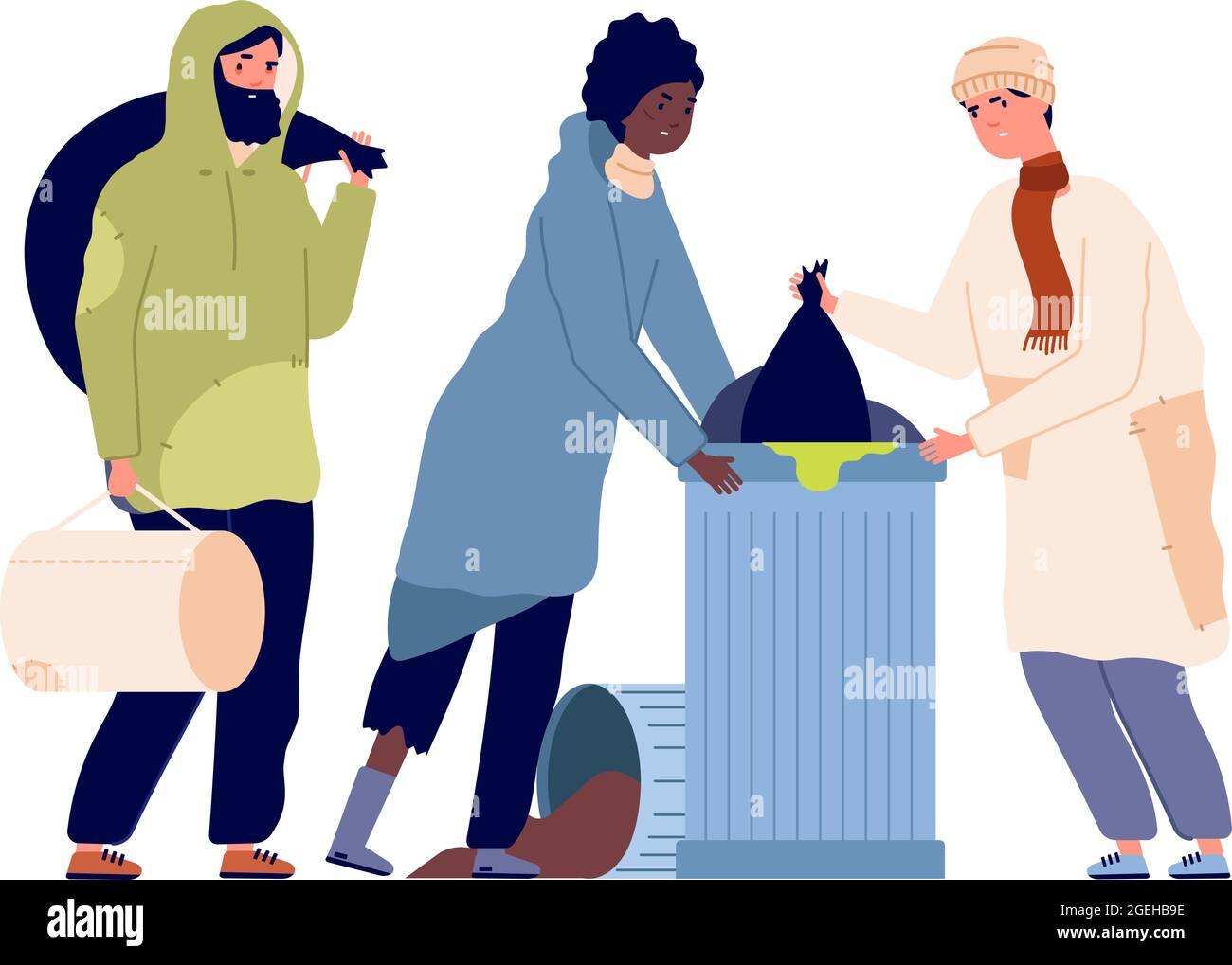 Les pauvres dans la poubelle. Problèmes de réfugiés, homme femme trouver de la nourriture ou des vêtements. Caractères vectoriels sans-abri Illustration de Vecteur