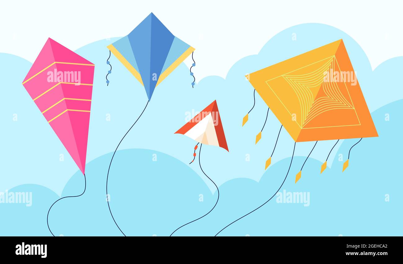 Cerfs-volants dans le ciel. Cerf-volant amusant, jouet enfant volant vent. Kitting, makar sankranti pongal festival concept. L'activité estivale est un arrière-plan vectoriel total Illustration de Vecteur