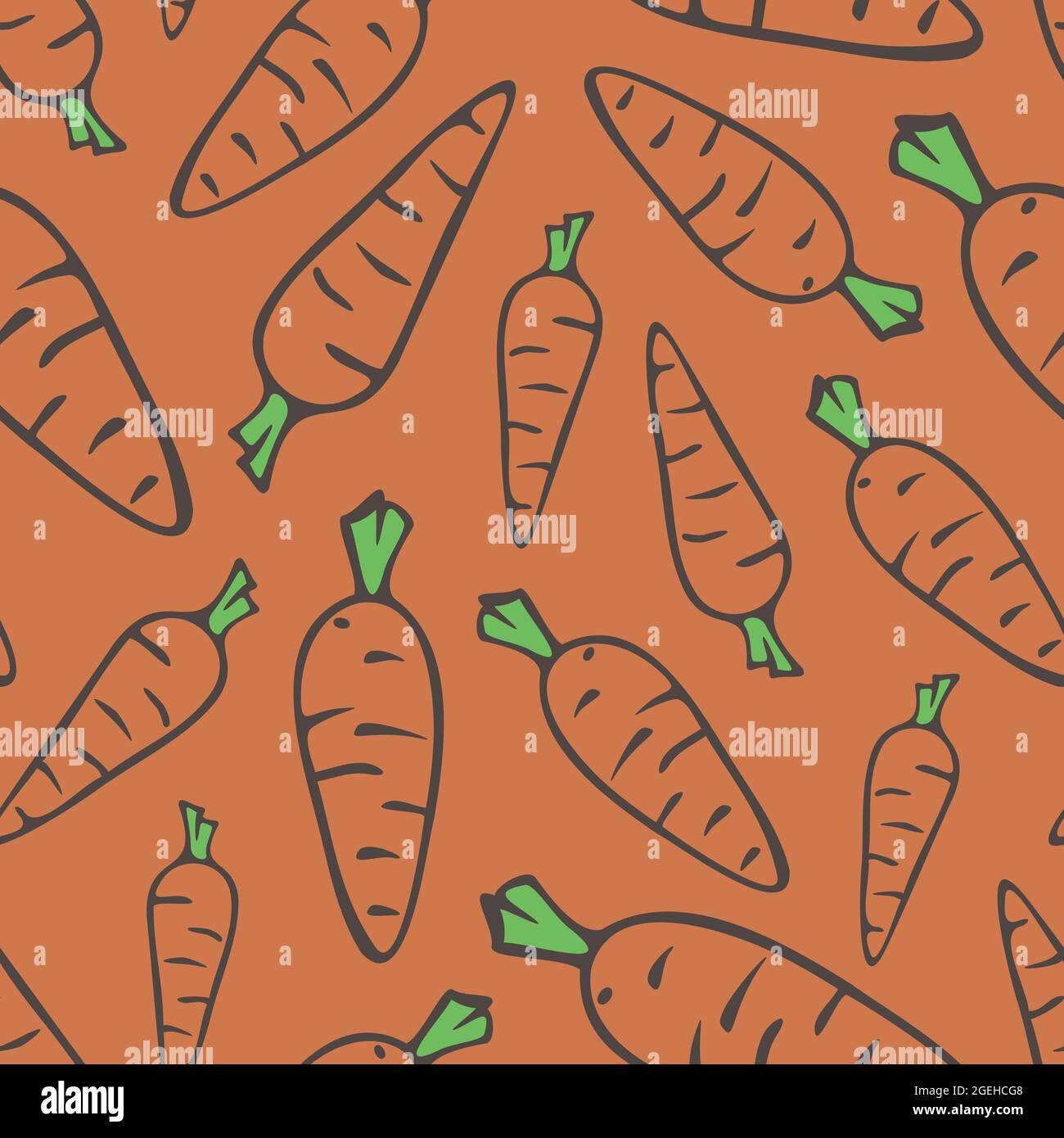 Motif vectoriel sans couture avec contours de carottes sur fond orange. Motif avec carottes dessinées à la main, style dessin animé. Illustration de Vecteur