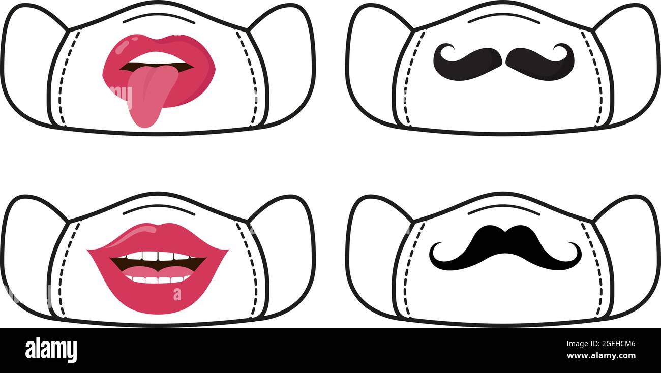 Masque de protection décoratif. Modèle d'équipement de protection individuelle, lady gentleman antivirus visage élément vecteur ensemble Illustration de Vecteur