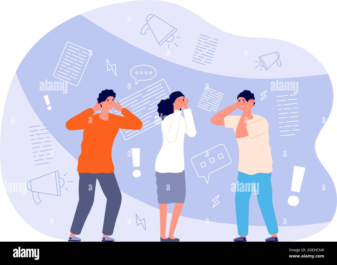 Bruit d'information. Arrêter les fausses nouvelles, la désinformation canular ou la publicité. Les gens couvrent les yeux oreille ou visage, homme inquiet femme concept de vecteur total Illustration de Vecteur