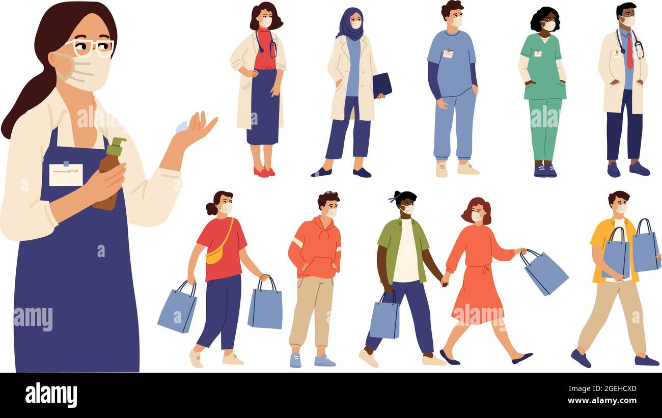 Les gens divers portent des masques de protection. Femme homme prévention de la grippe, air froid ou poussière auto-protection. Médecins, acheteurs vendeurs personnages vectoriels Illustration de Vecteur