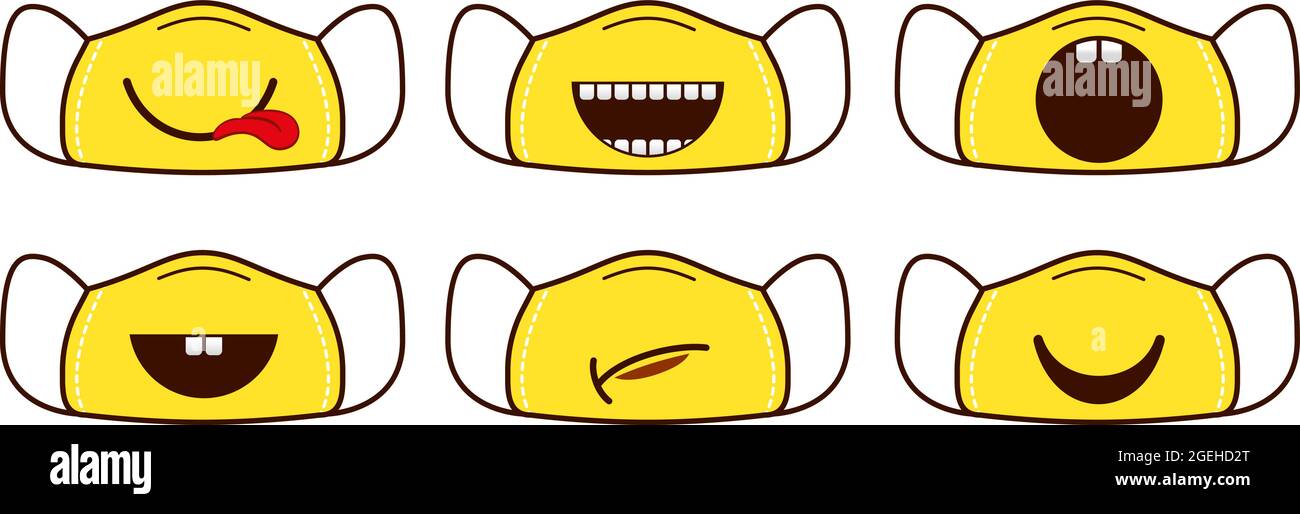 Masque facial personnel. Conception de l'équipement de protection, accessoires antivirales réutilisables pour la bouche. Souriez sur la collection de vecteurs de modèles Illustration de Vecteur