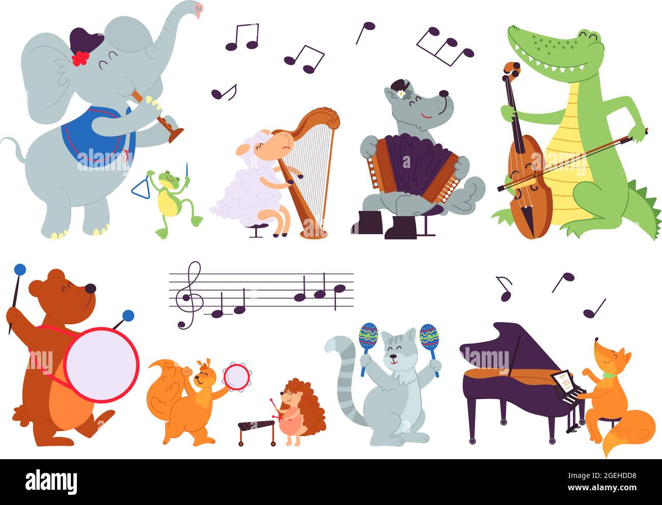 Animaux avec instruments. Personnages de musique sauvage, brebis jouent dans un orchestre. Musiciens de dessin animé de bébé, concert dans le zoo illustration décente de vecteur Illustration de Vecteur