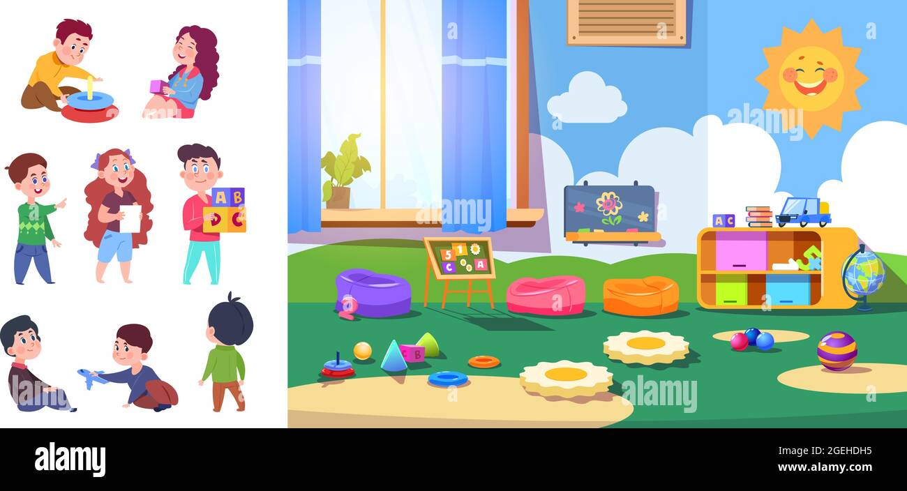 Enfants De Maternelle Personnages De Bebe D Enfants D Age Prescolaire Espace Enfants Interieur Ou Chambre Pour Les Petits Ensemble De Dessins Animes Pour Tout Petits Image Vectorielle Stock Alamy