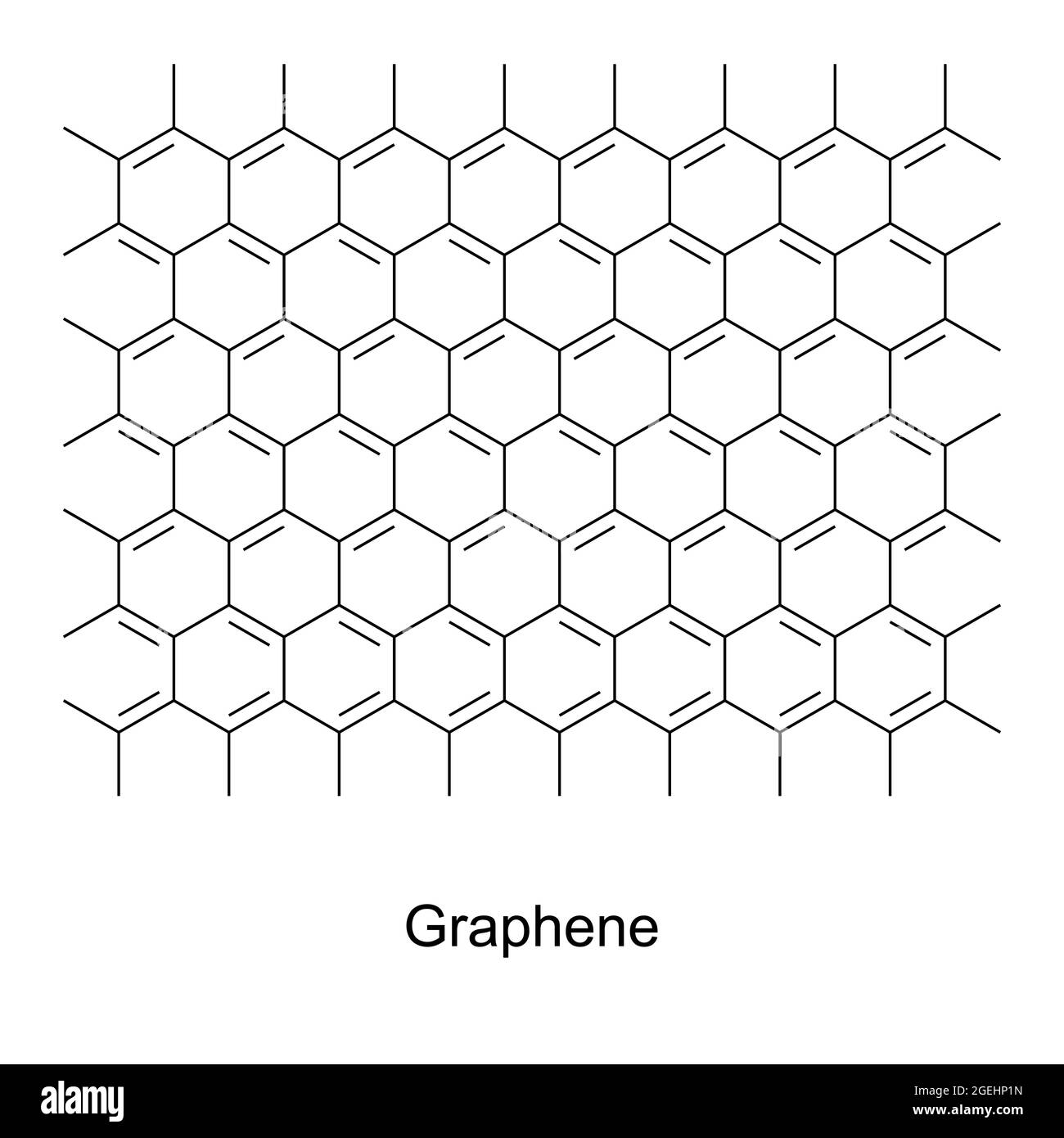 Graphène, formule chimique et structure. Une allocorde de carbone, constituée d'une seule couche d'atomes de carbone, disposée en treillis hexagonal. Banque D'Images