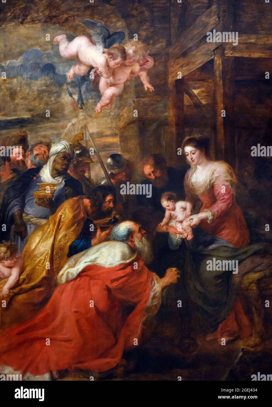 Adoration des Mages par Peter Paul Rubens, huile sur toile, 1634. La peinture est suspendue dans la chapelle King's College, King's College, Cambridge, Cambridgeshire, Angleterre, ROYAUME-UNI Banque D'Images
