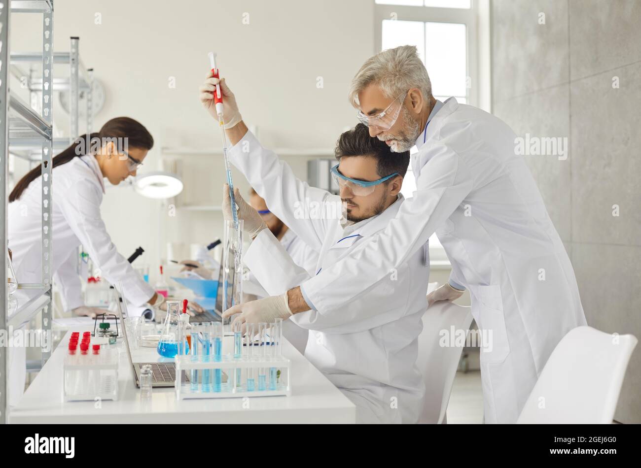 Groupe scientifique travaillant avec de nombreux équipements de laboratoire pour la recherche en laboratoire Banque D'Images