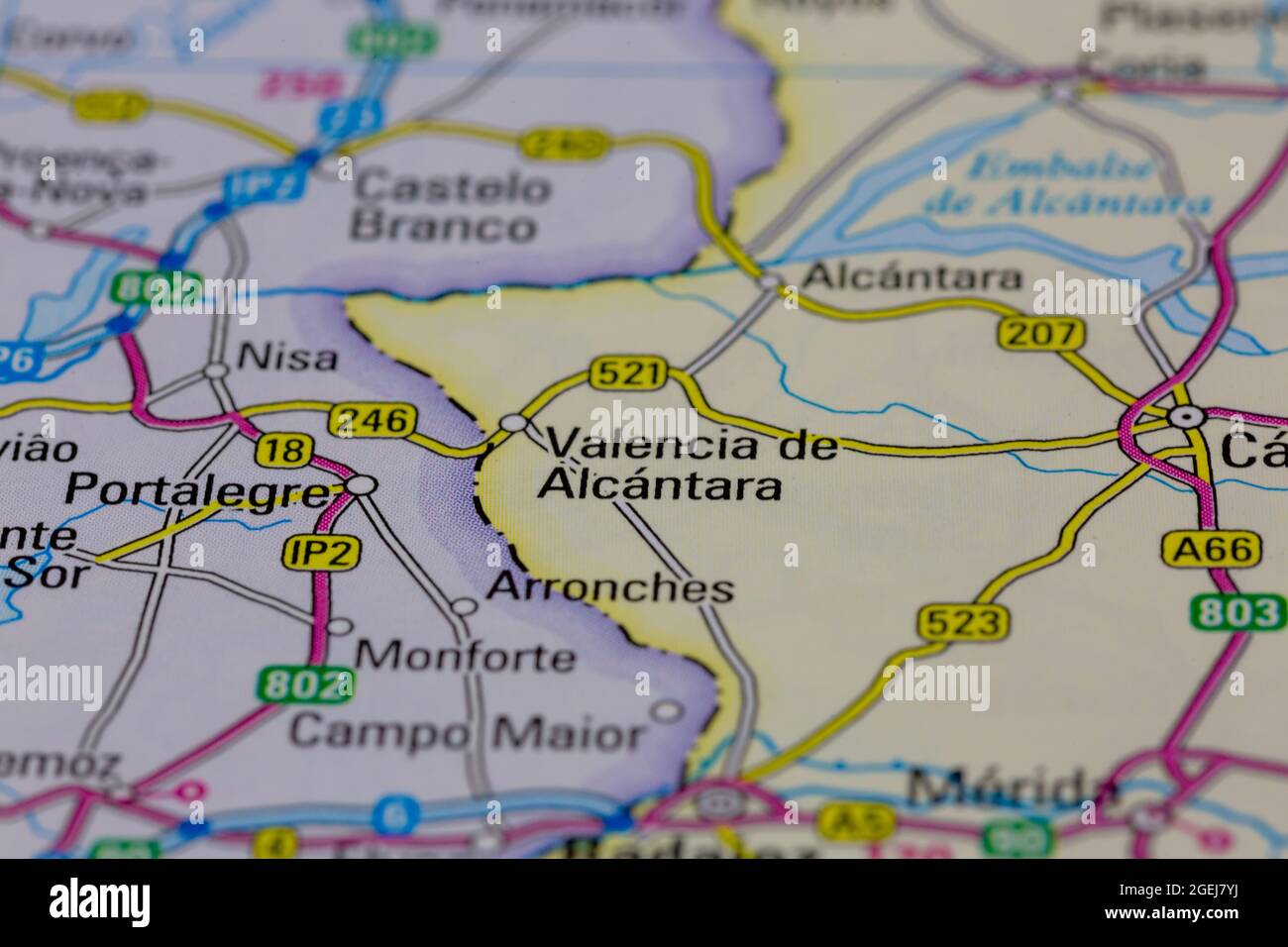 Valence de Alcantara Espagne sur une carte routière ou une carte de géographie Banque D'Images