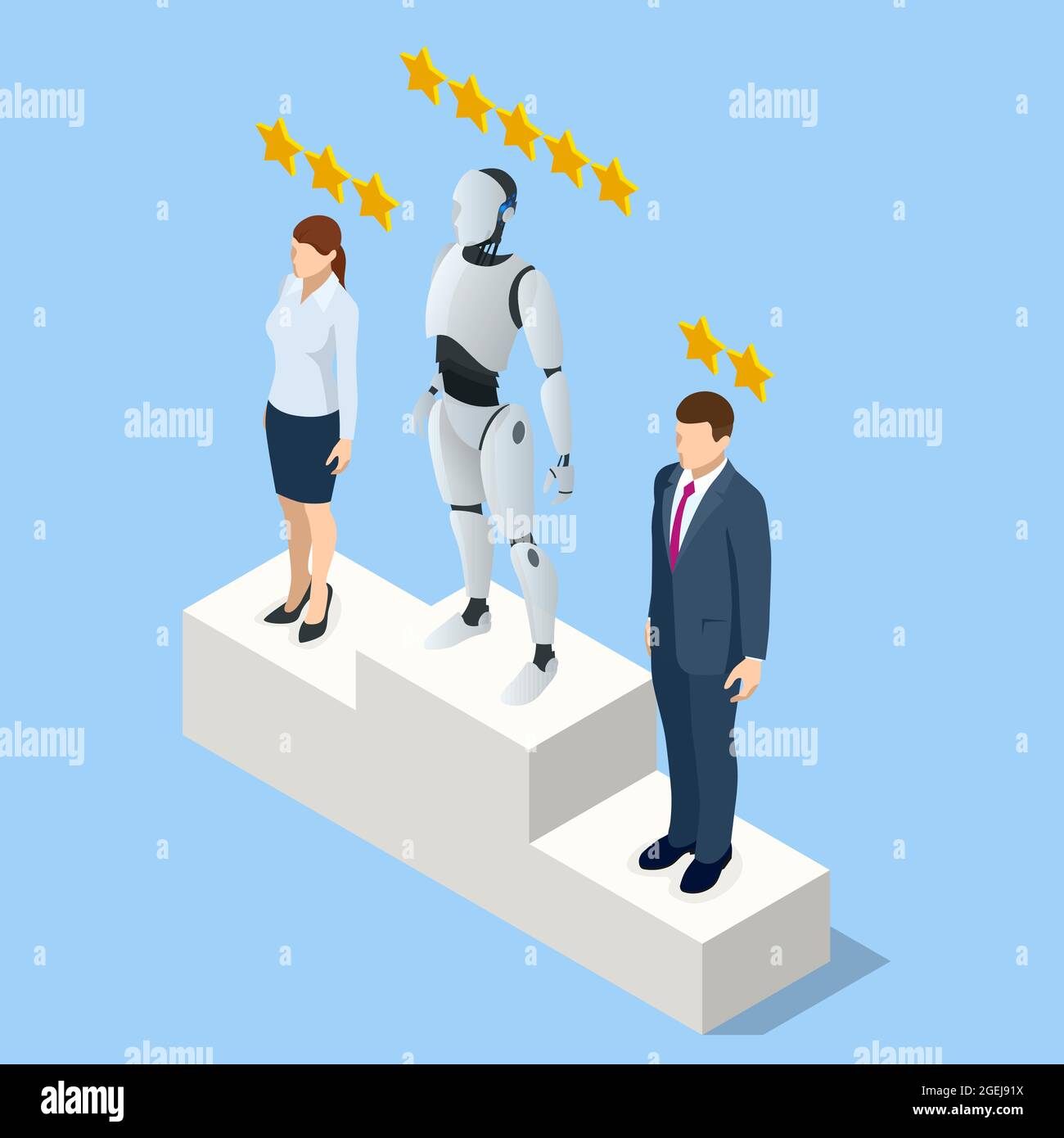 Les clients isométriques qui choisissent le taux de satisfaction et laissent un avis positif. Service client et expérience utilisateur. Le robot a pris la première place sur le Illustration de Vecteur