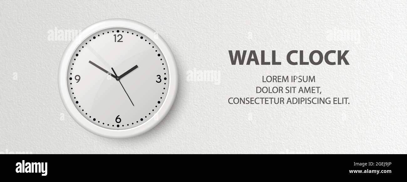 Vector 3d Realistic White Wall horloge de bureau sur fond de mur blanc texturé. Modèle de conception, bannière avec horloge de bureau et cadran intérieur blanc Illustration de Vecteur