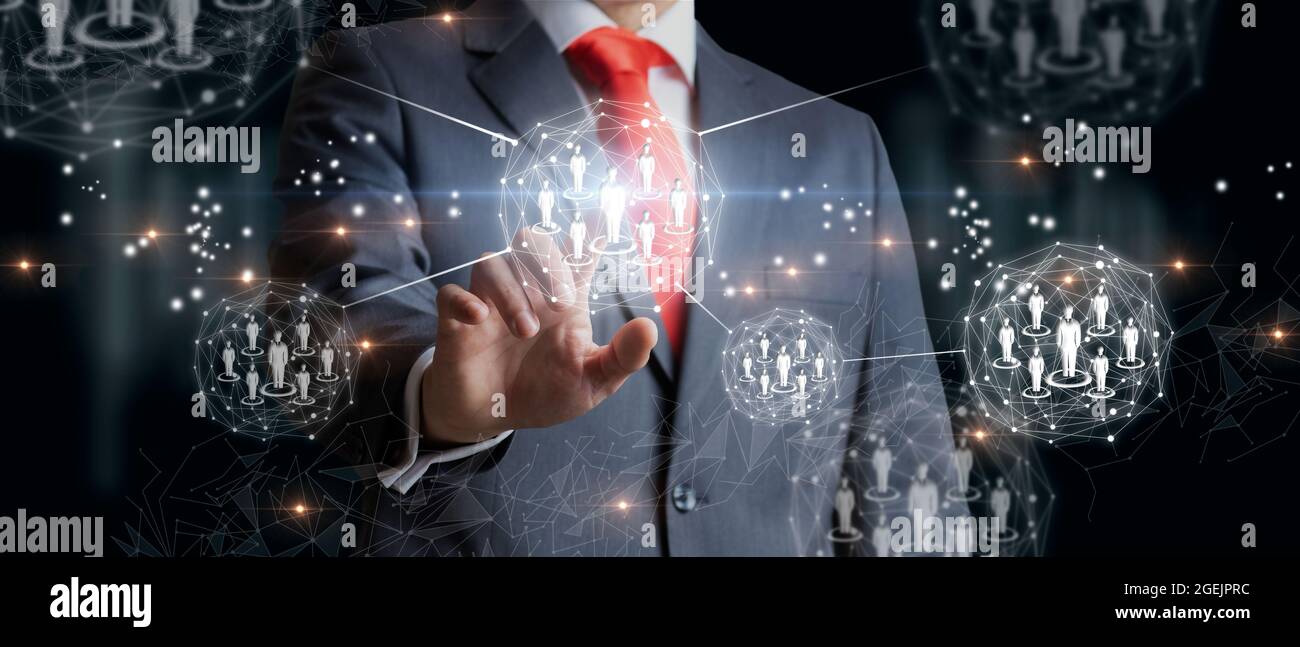 Homme d'affaires réseau social humain et leadership comme concept. RH gestion des ressources humaines relations entre les peuples. Ressources humaines dans un réseau. Banque D'Images
