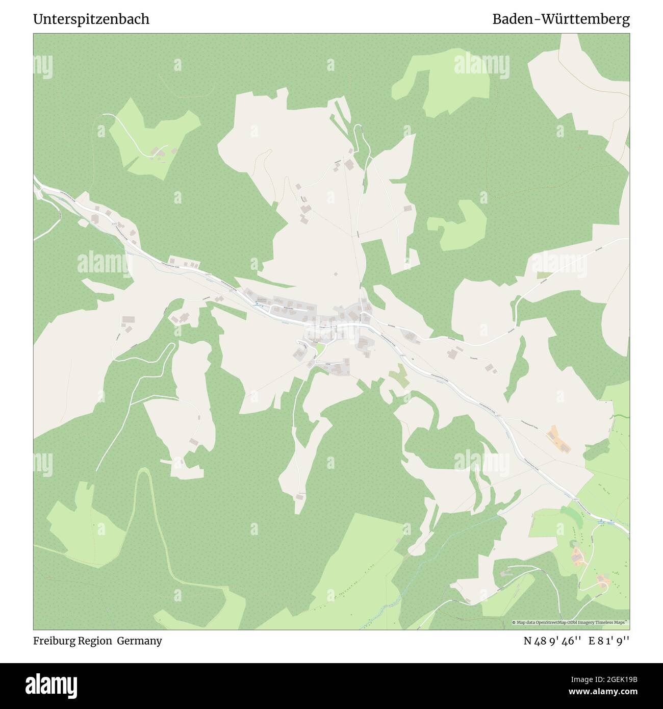 Unterspitzenbach, région de Fribourg, Allemagne, Bade-Wurtemberg, N 48 9' 46'', E 8 1' 9'', carte, carte intemporelle publiée en 2021. Les voyageurs, les explorateurs et les aventuriers comme Florence Nightingale, David Livingstone, Ernest Shackleton, Lewis et Clark et Sherlock Holmes se sont appuyés sur des cartes pour planifier leurs voyages dans les coins les plus reculés du monde. Timeless Maps dresse la carte de la plupart des sites du monde, montrant ainsi la réalisation de grands rêves Banque D'Images