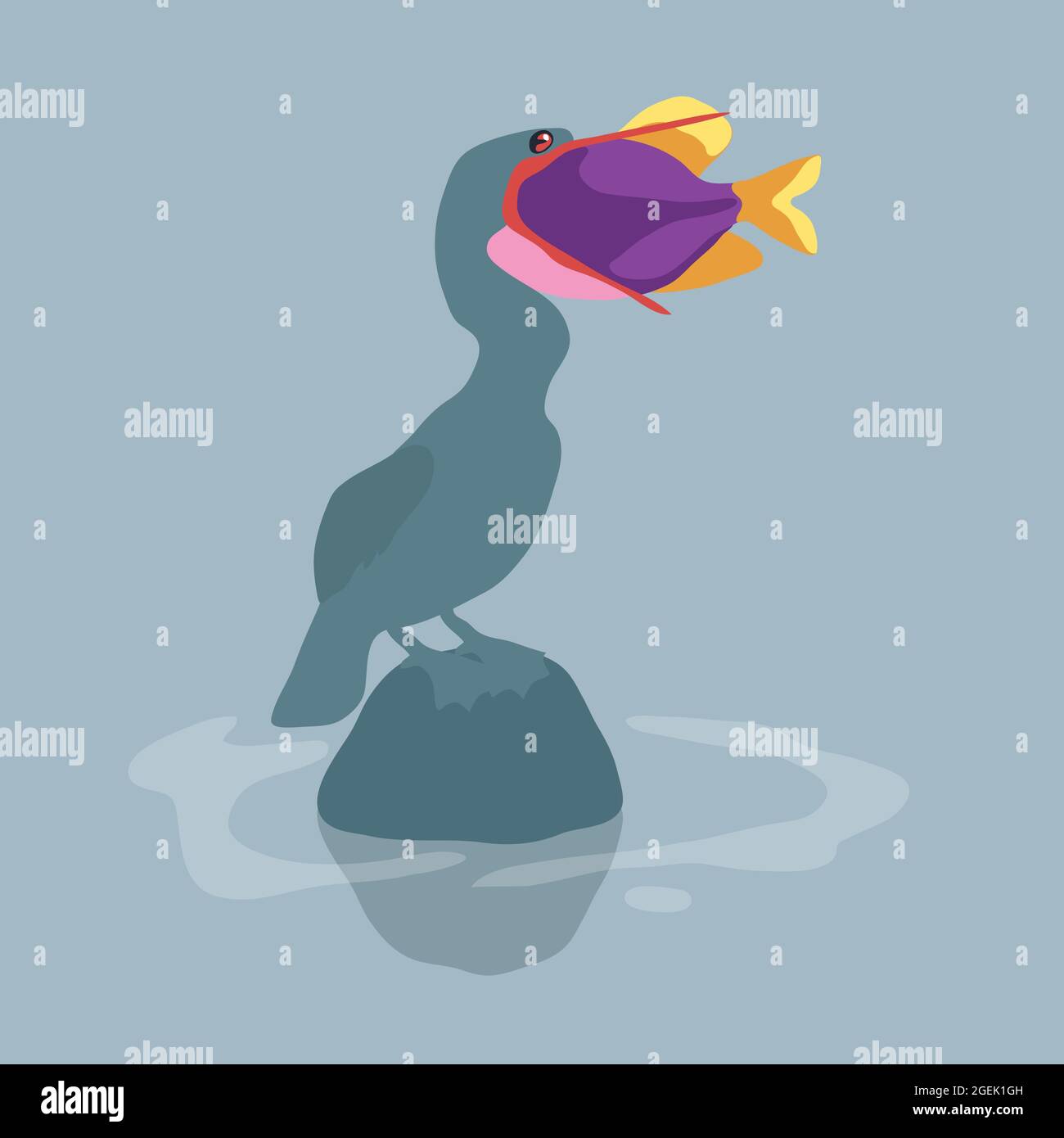 Oiseau avalant un poisson Illustration. Illustration de Vecteur