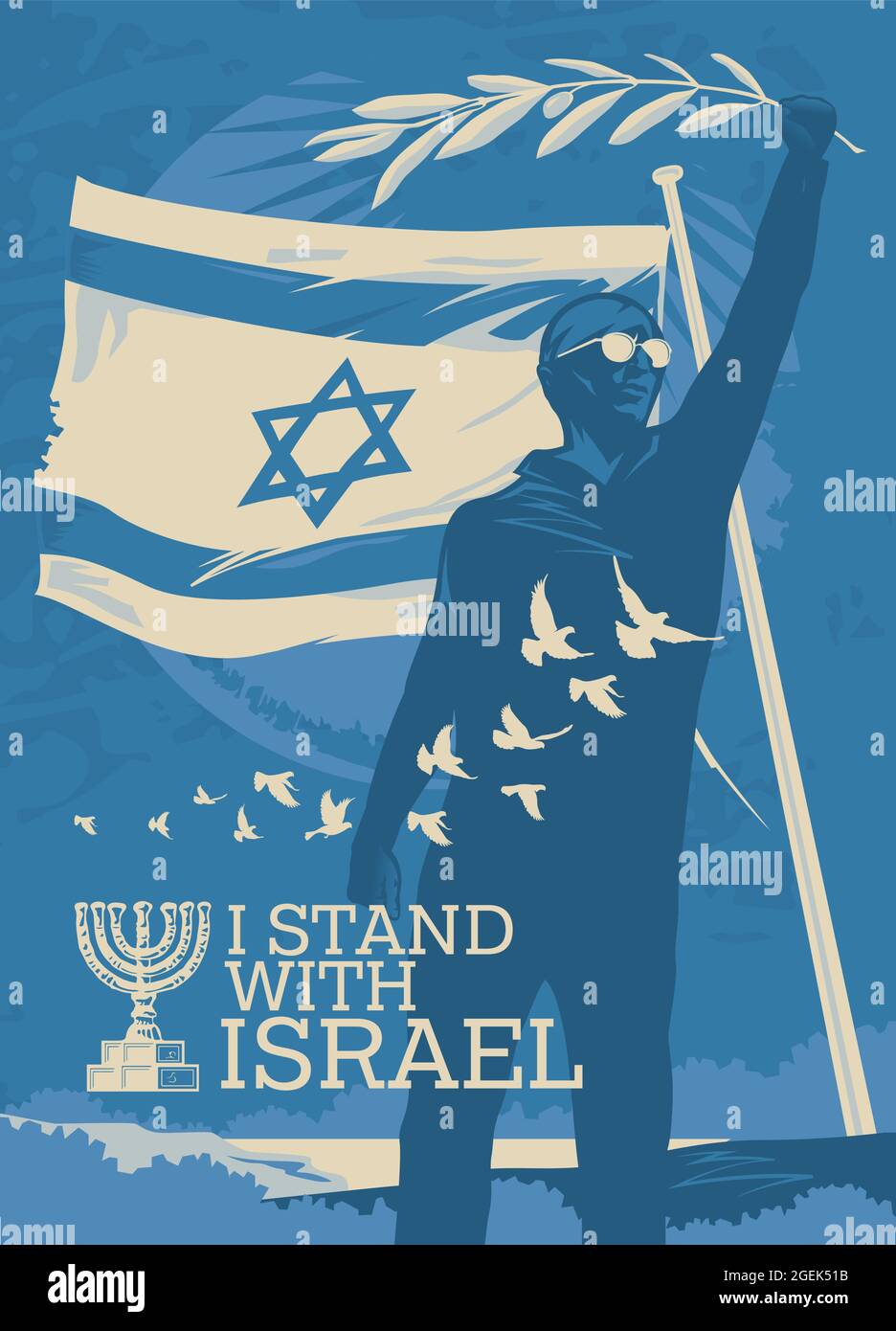 L'homme tient une branche d'olivier comme paix, trêve sur le fond du drapeau national d'Israël. Illustration de Vecteur