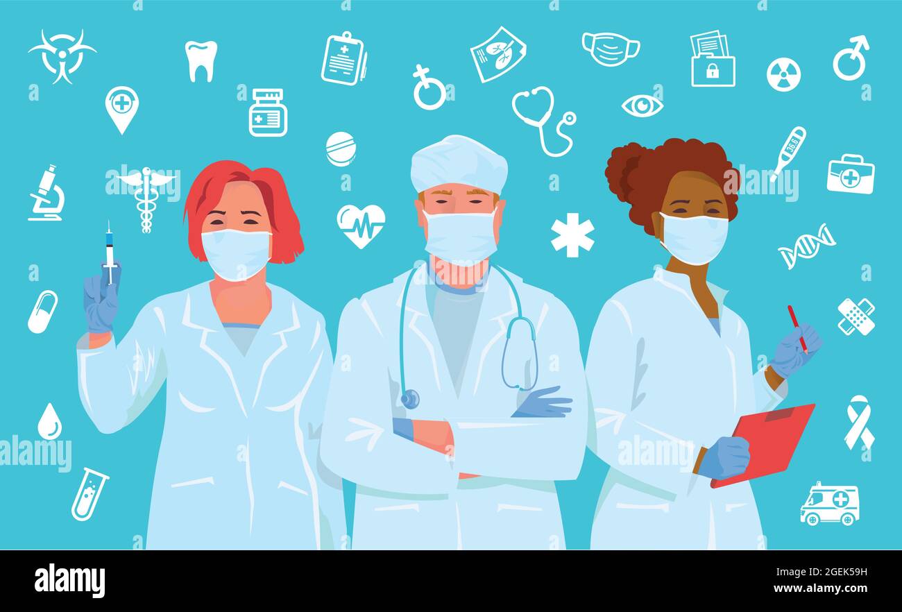 Groupe de médecins et d'infirmières sur fond bleu avec icônes médicales. Illustration de Vecteur