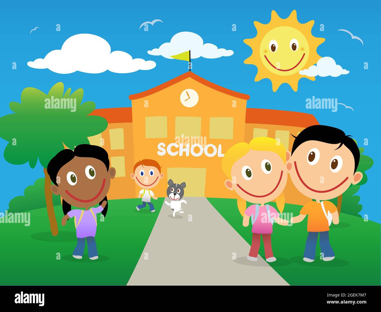 Des enfants heureux qui reviennent à l'école dans une journée ensoleillée. Illustration de dessin animé vectoriel. Illustration de Vecteur