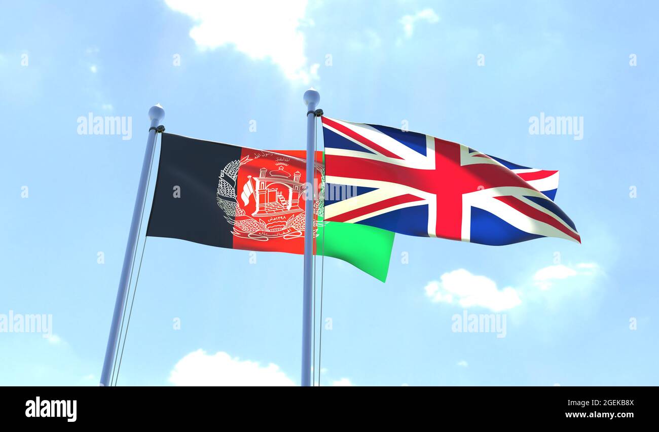 Afghanistan et Royaume-Uni, deux drapeaux agitant contre le ciel bleu. image 3d Banque D'Images