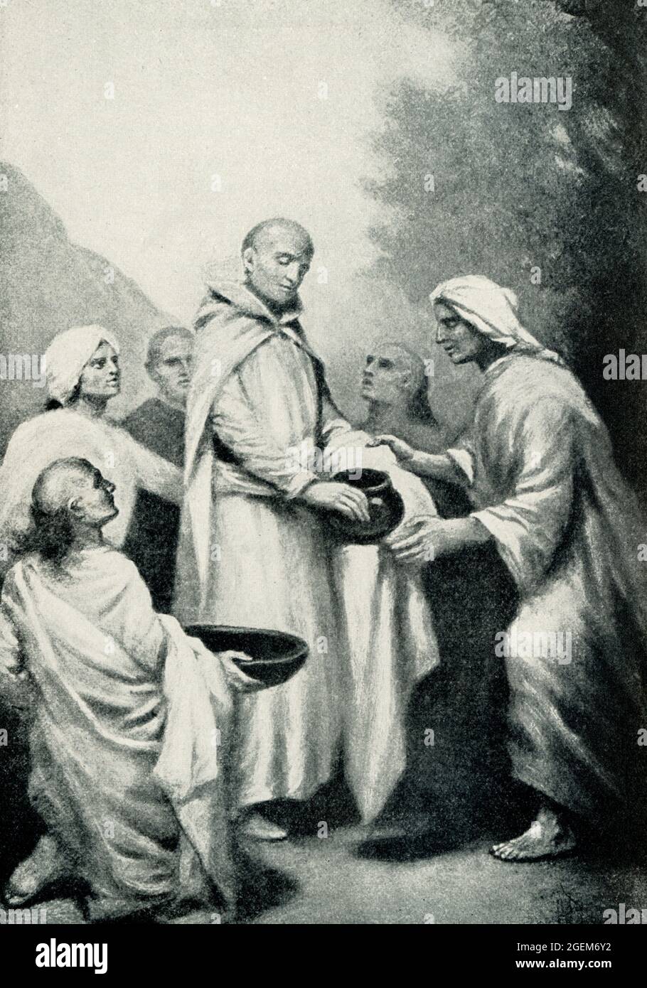 Cette illustration de 1899 montre : “Bouddha et cinq ascètes.” Pendant les six années, Siddhartha (le Bouddha) a vécu une vie ascétique et a fait la fête dans ses pratiques, étudiant et méditant en utilisant les paroles de divers professeurs religieux comme son guide. Il a pratiqué son nouveau mode de vie avec un groupe de cinq ascétiques, et son dévouement à sa quête était si étonnant que les cinq ascétiques sont devenus les disciples de Siddhartha. L'artiste est Stephen James Ferris (mort en 1915). Banque D'Images