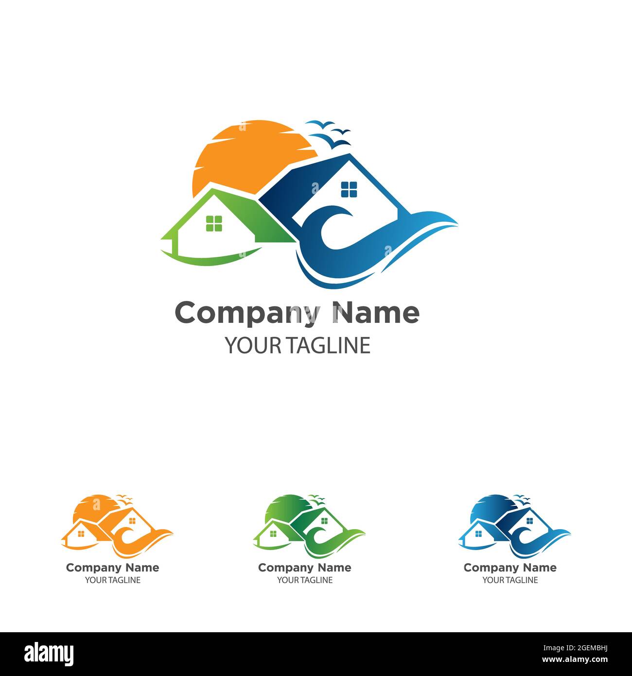 Maison de plage avec magnifique logo de vecteur de coucher de soleil. SPE 10 Illustration de Vecteur