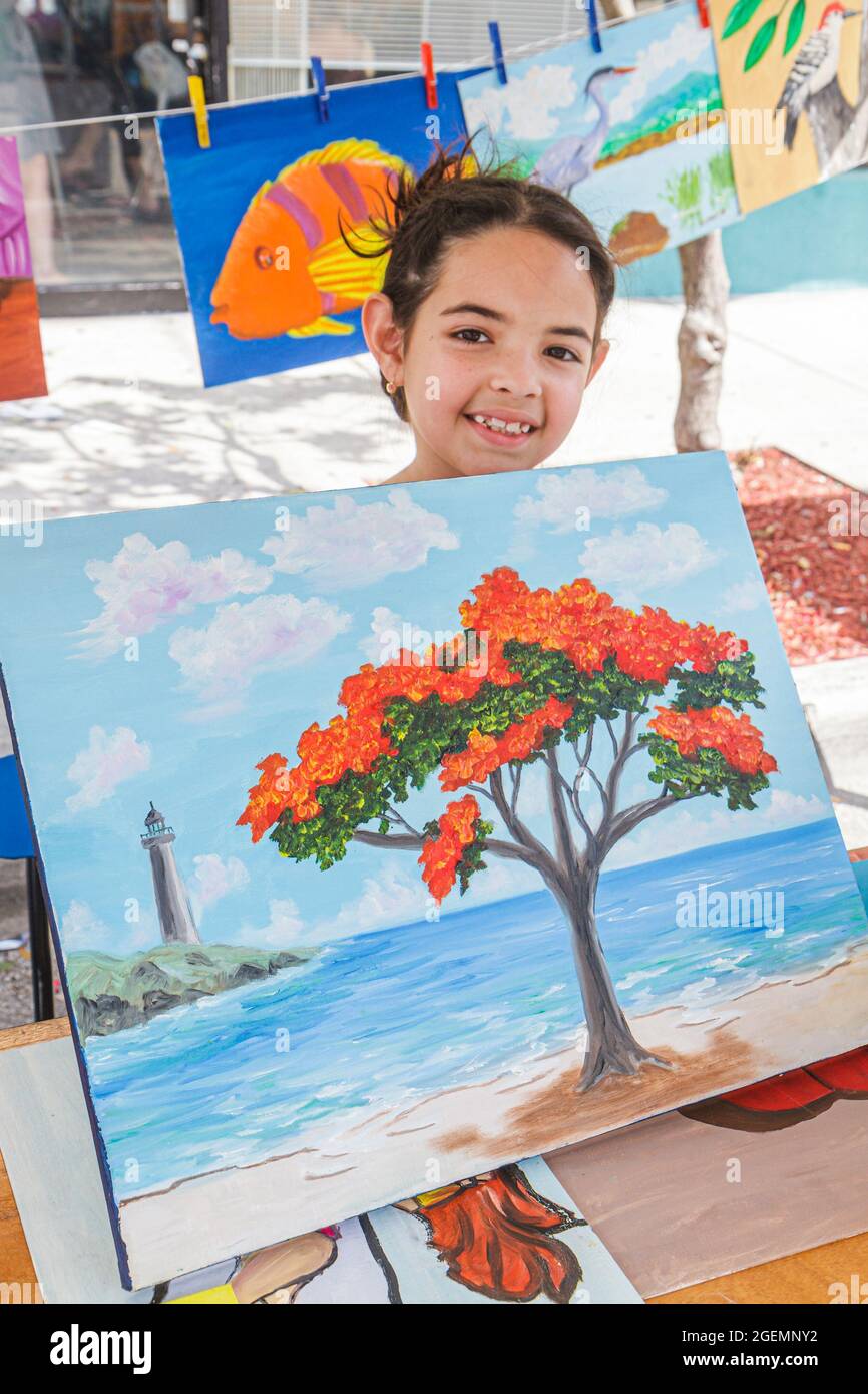 Miami Florida, Hialeah Palm Avenue Art on Palm, foire festival hispanique étudiant fille femme enfant artiste peinture, Banque D'Images