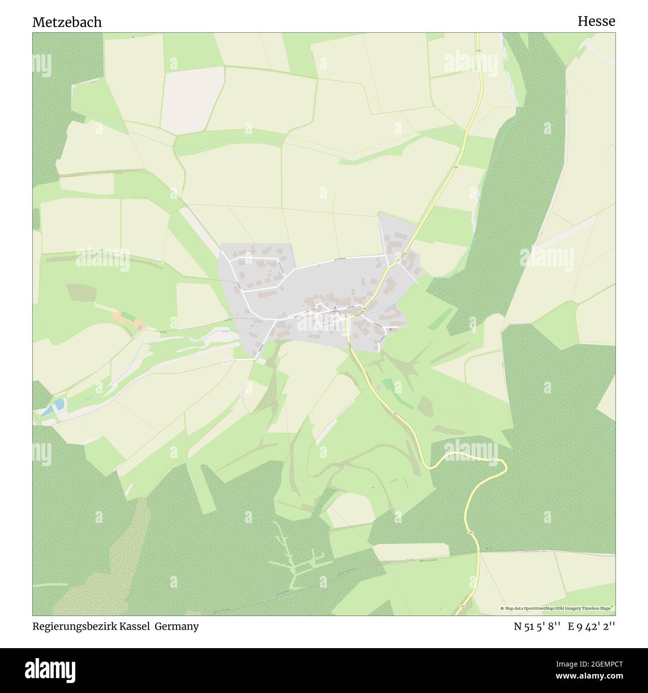 Metzebach, Regierungsbezirk Kassel, Allemagne, Hesse, N 51 5' 8'', E 9 42' 2'', carte, carte intemporelle publiée en 2021. Les voyageurs, les explorateurs et les aventuriers comme Florence Nightingale, David Livingstone, Ernest Shackleton, Lewis et Clark et Sherlock Holmes se sont appuyés sur des cartes pour planifier leurs voyages dans les coins les plus reculés du monde. Timeless Maps dresse la carte de la plupart des sites du monde, montrant ainsi la réalisation de grands rêves Banque D'Images