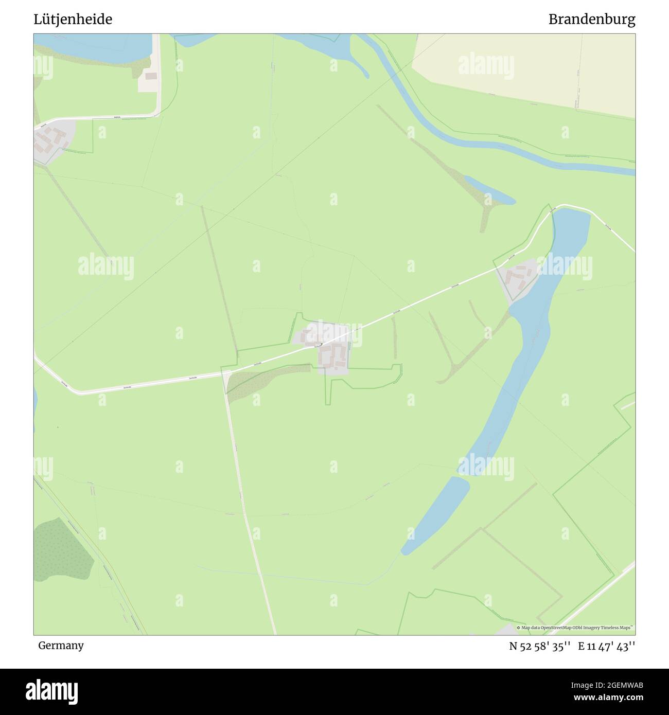 Lütjenheide, Allemagne, Brandebourg, N 52 58' 35'', E 11 47' 43'', carte, carte intemporelle publiée en 2021. Les voyageurs, les explorateurs et les aventuriers comme Florence Nightingale, David Livingstone, Ernest Shackleton, Lewis et Clark et Sherlock Holmes se sont appuyés sur des cartes pour planifier leurs voyages dans les coins les plus reculés du monde. Timeless Maps dresse la carte de la plupart des sites du monde, montrant ainsi la réalisation de grands rêves Banque D'Images