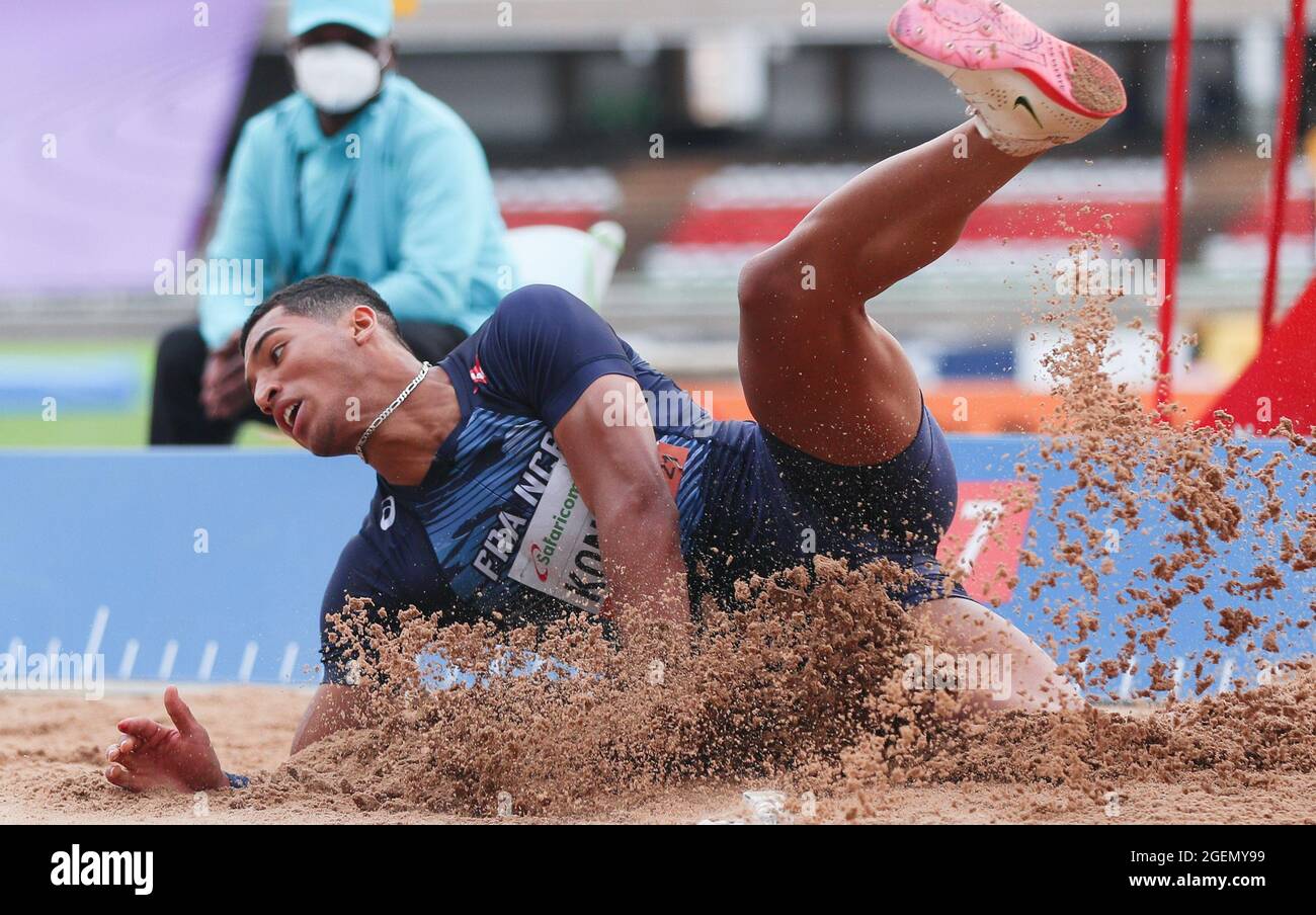 Nairobi, Kenya. 20 août 2021. Erwan Konate, de France, participe à la longue finale de saut masculin aux Championnats du monde d'athlétisme U20 2021 à Nairobi, Kenya, le 20 août 2021. Crédit : long Lei/Xinhua/Alay Live News Banque D'Images