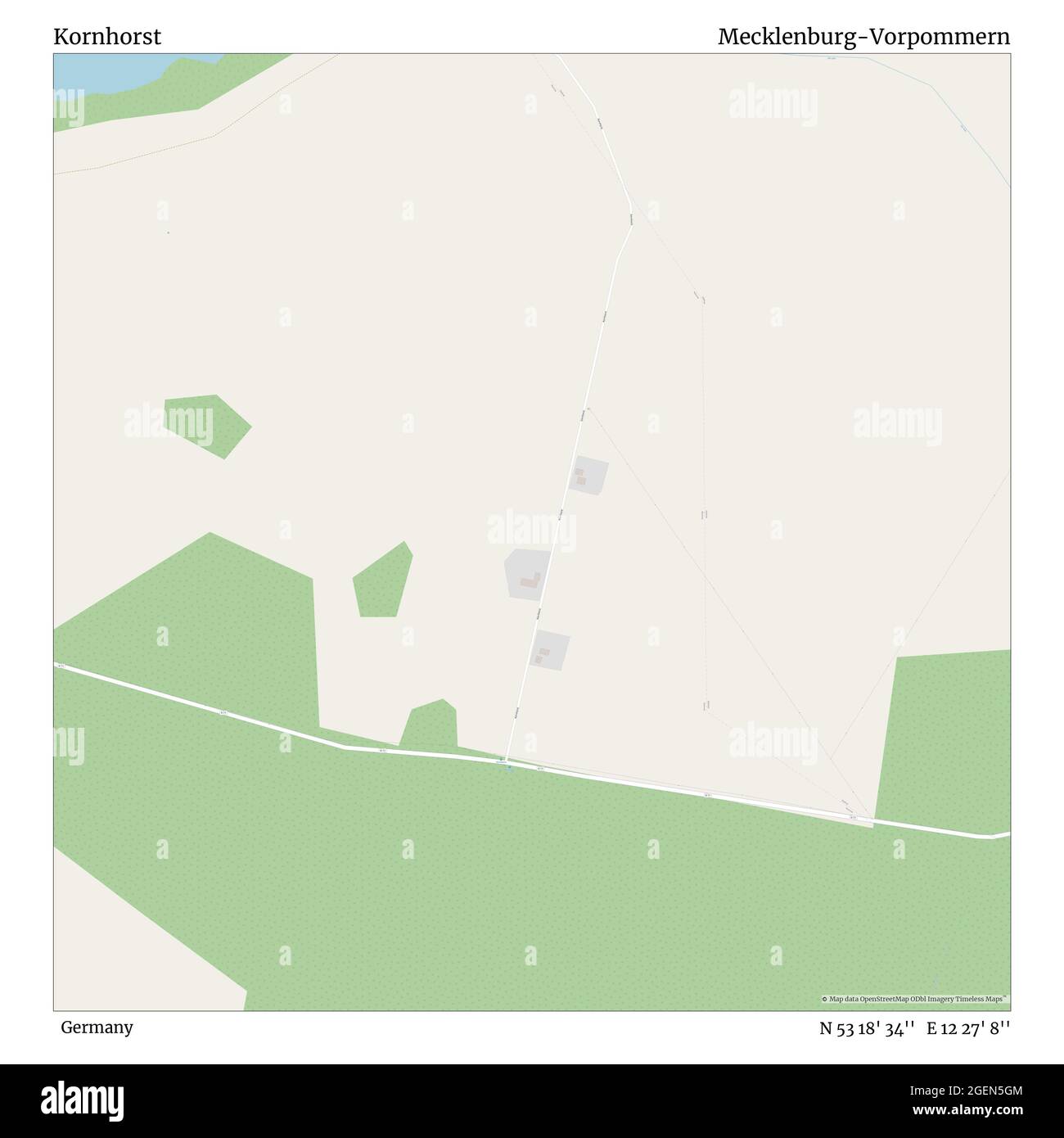 Kornhorst, Allemagne, Mecklembourg-Poméranie-Occidentale, N 53 18' 34'', E 12 27' 8'', carte, carte intemporelle publiée en 2021. Les voyageurs, les explorateurs et les aventuriers comme Florence Nightingale, David Livingstone, Ernest Shackleton, Lewis et Clark et Sherlock Holmes se sont appuyés sur des cartes pour planifier leurs voyages dans les coins les plus reculés du monde. Timeless Maps dresse la carte de la plupart des sites du monde, montrant ainsi la réalisation de grands rêves Banque D'Images