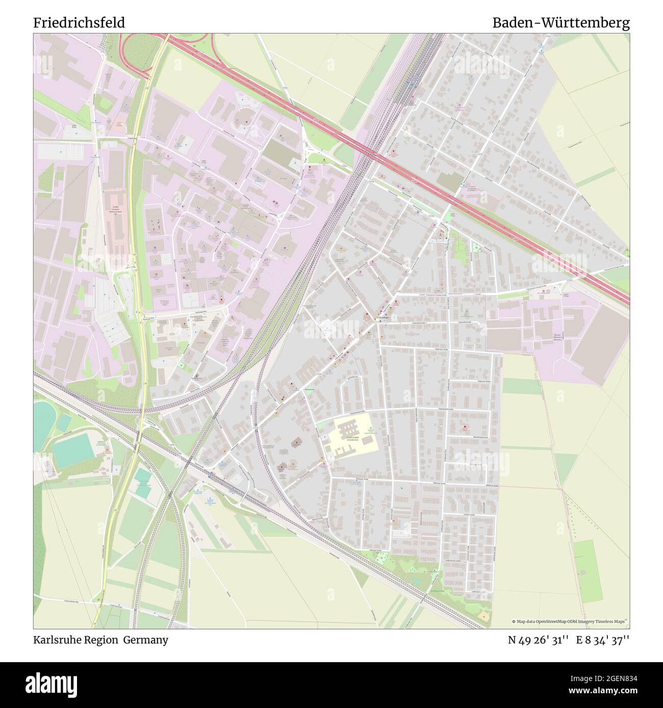 Friedrichsfeld, région de Karlsruhe, Allemagne, Bade-Wurtemberg, N 49 26' 31'', E 8 34' 37'', carte, carte intemporelle publiée en 2021. Les voyageurs, les explorateurs et les aventuriers comme Florence Nightingale, David Livingstone, Ernest Shackleton, Lewis et Clark et Sherlock Holmes se sont appuyés sur des cartes pour planifier leurs voyages dans les coins les plus reculés du monde. Timeless Maps dresse la carte de la plupart des sites du monde, montrant ainsi la réalisation de grands rêves Banque D'Images