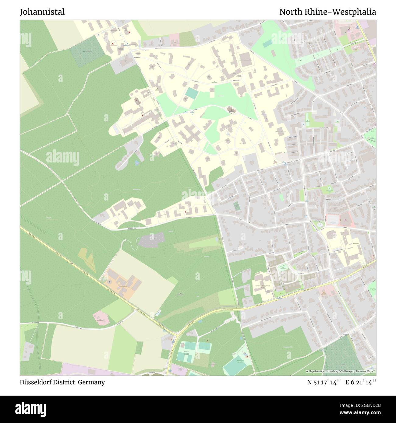 Johannistal, quartier de Düsseldorf, Allemagne, Rhénanie-du-Nord-Westphalie, N 51 17' 14'', E 6 21' 14'', carte, carte intemporelle publiée en 2021. Les voyageurs, les explorateurs et les aventuriers comme Florence Nightingale, David Livingstone, Ernest Shackleton, Lewis et Clark et Sherlock Holmes se sont appuyés sur des cartes pour planifier leurs voyages dans les coins les plus reculés du monde. Timeless Maps dresse la carte de la plupart des sites du monde, montrant ainsi la réalisation de grands rêves Banque D'Images