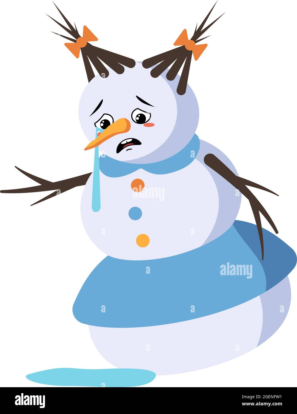 Mignonne de neige de Noël avec des pleurs et des larmes, une émotion, un visage triste, des yeux dépressifs, des bras et des jambes. Joyeux nouvel an décoration de fête avec expression de dépression Illustration de Vecteur