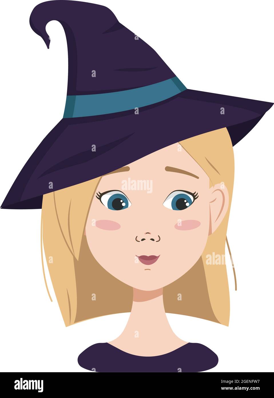 Avatar d'une femme aux cheveux blonds et aux yeux bleus, émotif, visage embarrassé et yeux détournés et portant un chapeau de sorcière. Fille en costume d'Halloween Illustration de Vecteur