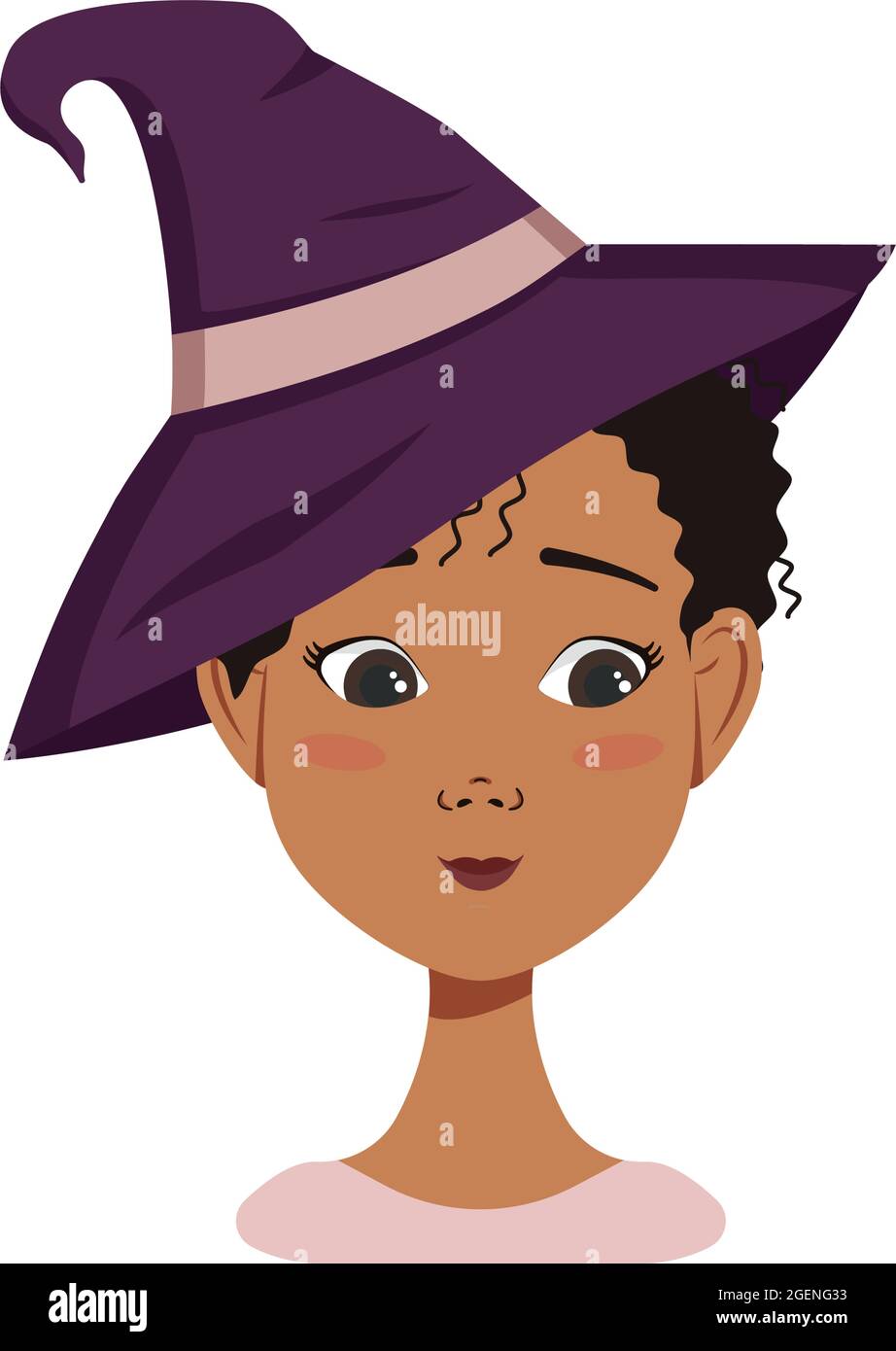 Avatar féminin afro-américain aux cheveux bouclés noirs, aux émotions de timidité, au visage embarrassé et aux yeux bas, portant un chapeau de sorcière. Personnage d'Halloween en costume Illustration de Vecteur