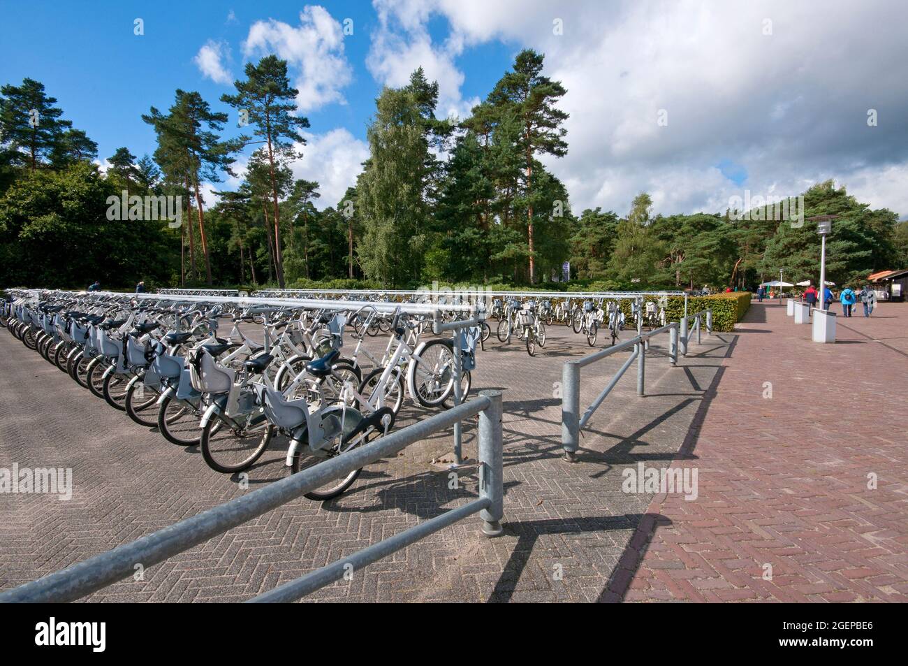 Parking vélo à l'entrée du parc national de Hoge Veluwe, pays-Bas Banque D'Images