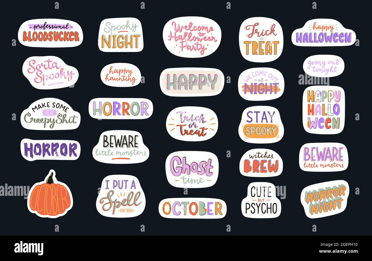 Collection de jolis autocollants typographiques Halloween. Phrases de vacances accrocheurs dessinées à la main. Des citations et des paroles effrayantes pour Halloween. Illustration vectorielle. Illustration de Vecteur