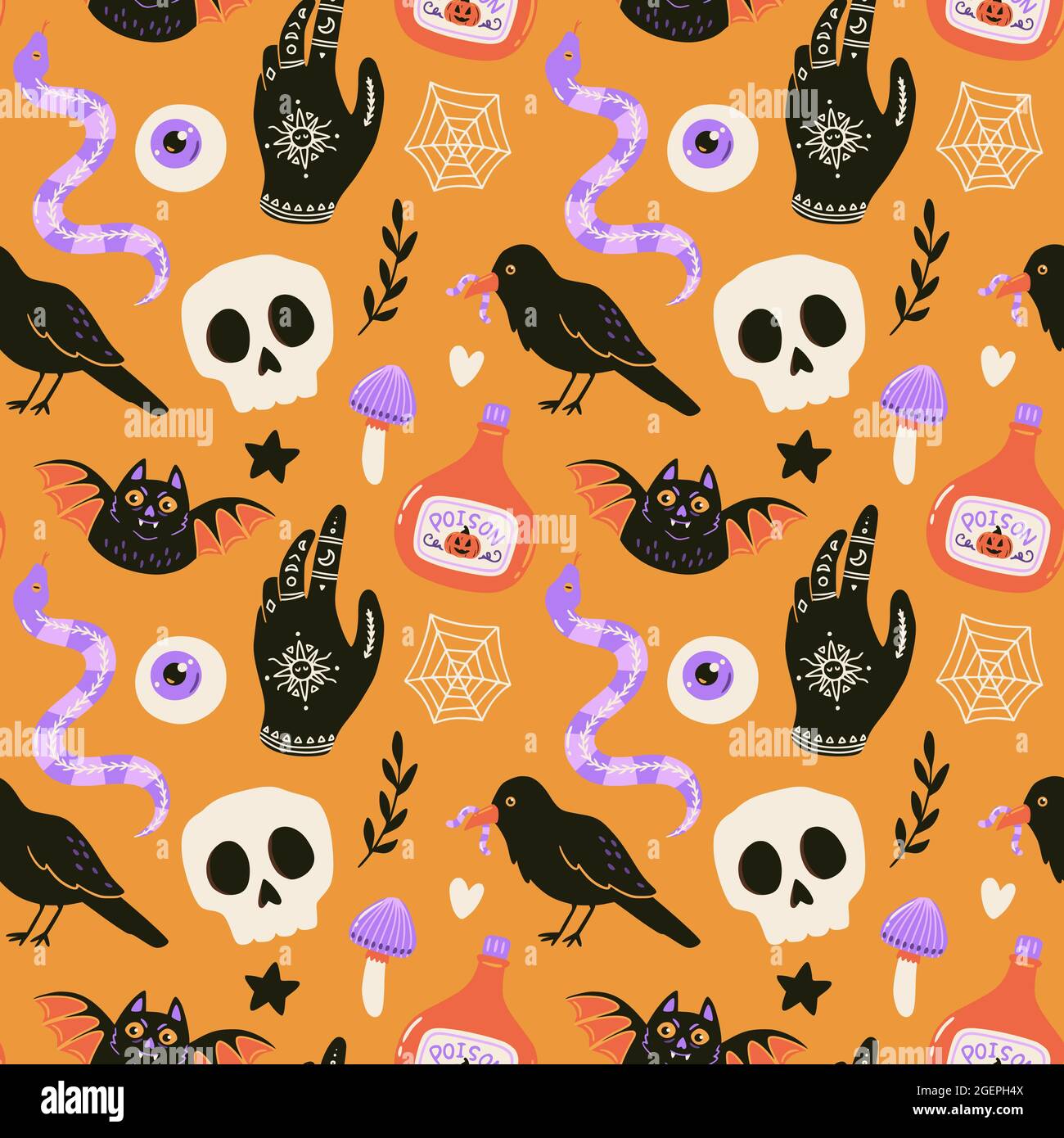 Motif Halloween sans couture avec tête de bande dessinée, corbeau, serpent et chauve-souris. Illustration de vecteur effrayante mignonne. Trick ou traiter le fond de vacances. Illustration de Vecteur