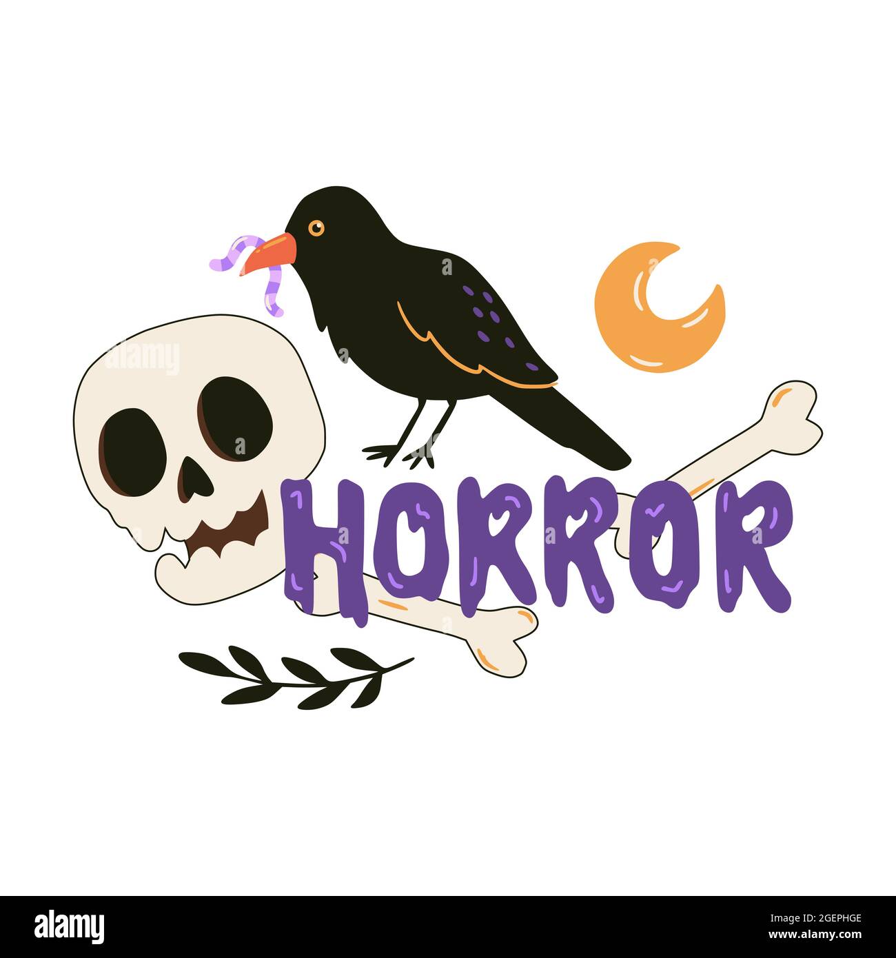 Imprimé Halloween corbeau, crâne et os. Illustration vectorielle dessinée à la main et lettrage. Affiche d'Halloween, bannière, décorations de fête. Illustration de Vecteur
