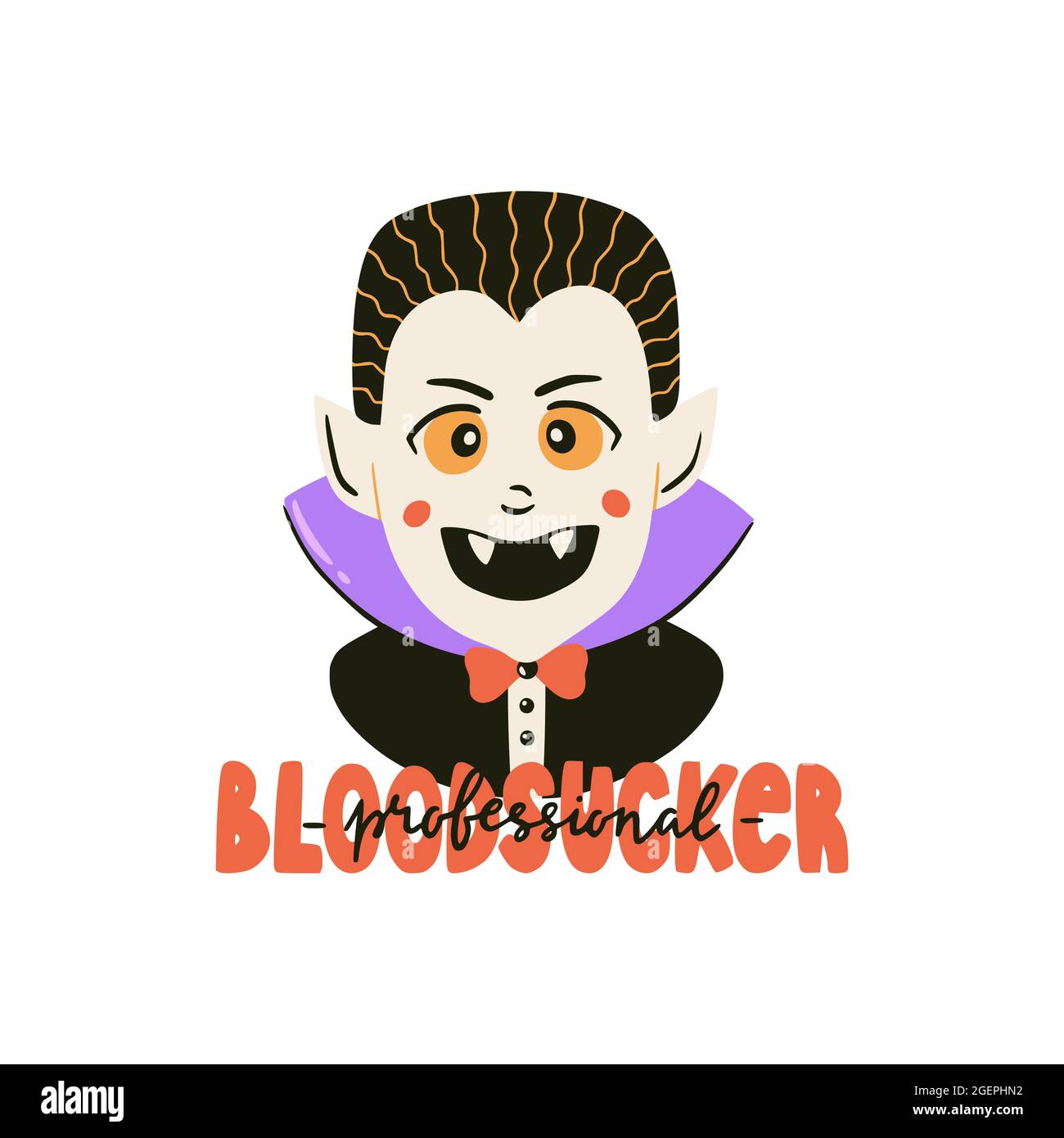 Imprimé Halloween avec adorable personnage vampire. Illustration vectorielle dessinée à la main et lettrage. Bloodsucker professionnel. Affiche d'Halloween, bannière. Illustration de Vecteur