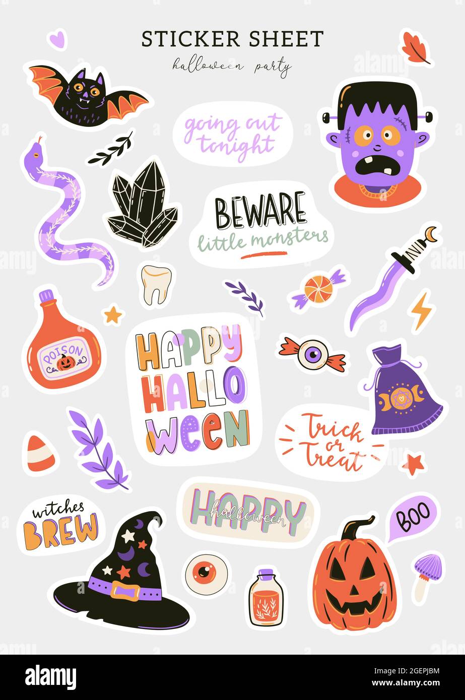 Collection de personnages et de symboles d'Halloween mignons. Éléments de décoration dessinés à la main pour les décorations de Noël. Mise en place des autocollants d'Halloween. Illustration vectorielle. Illustration de Vecteur
