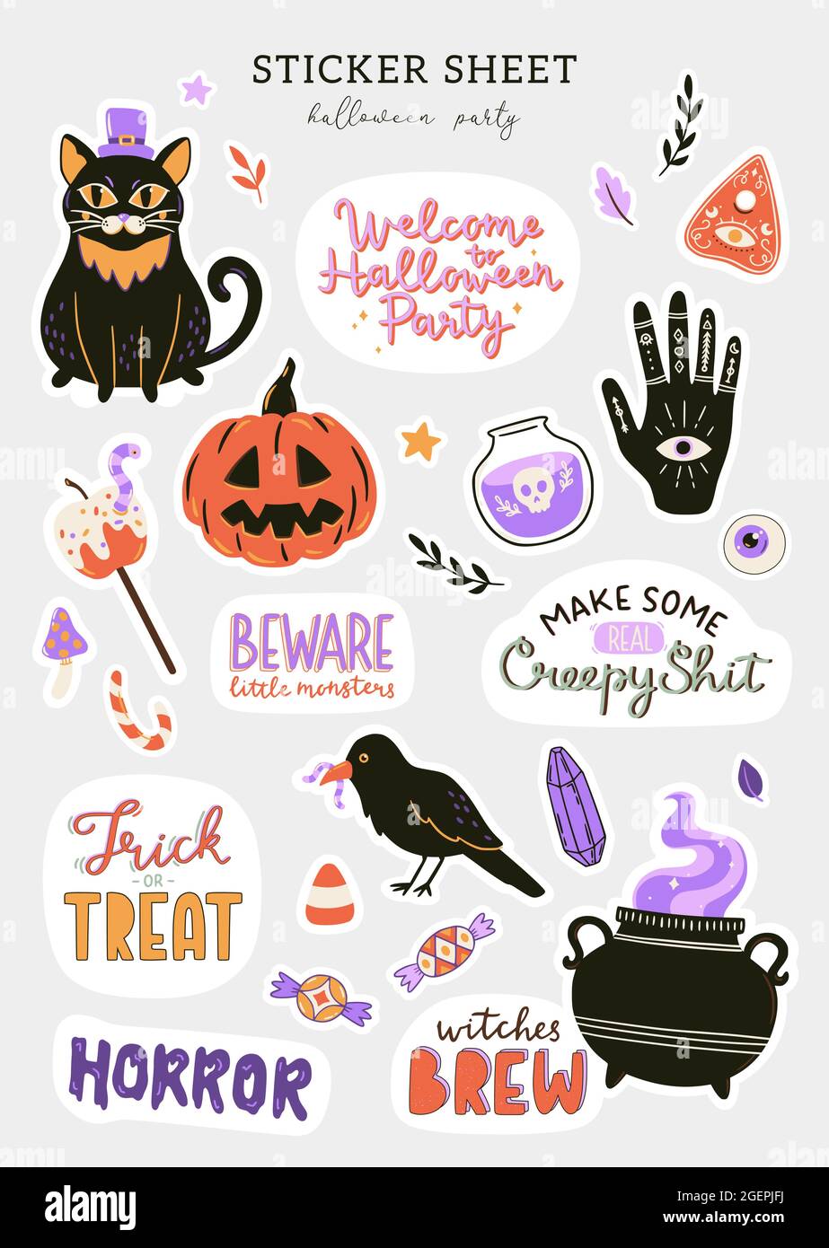 Collection de personnages et de symboles d'Halloween mignons. Éléments de décoration dessinés à la main pour les décorations de Noël. Mise en place des autocollants d'Halloween. Illustration vectorielle. Illustration de Vecteur