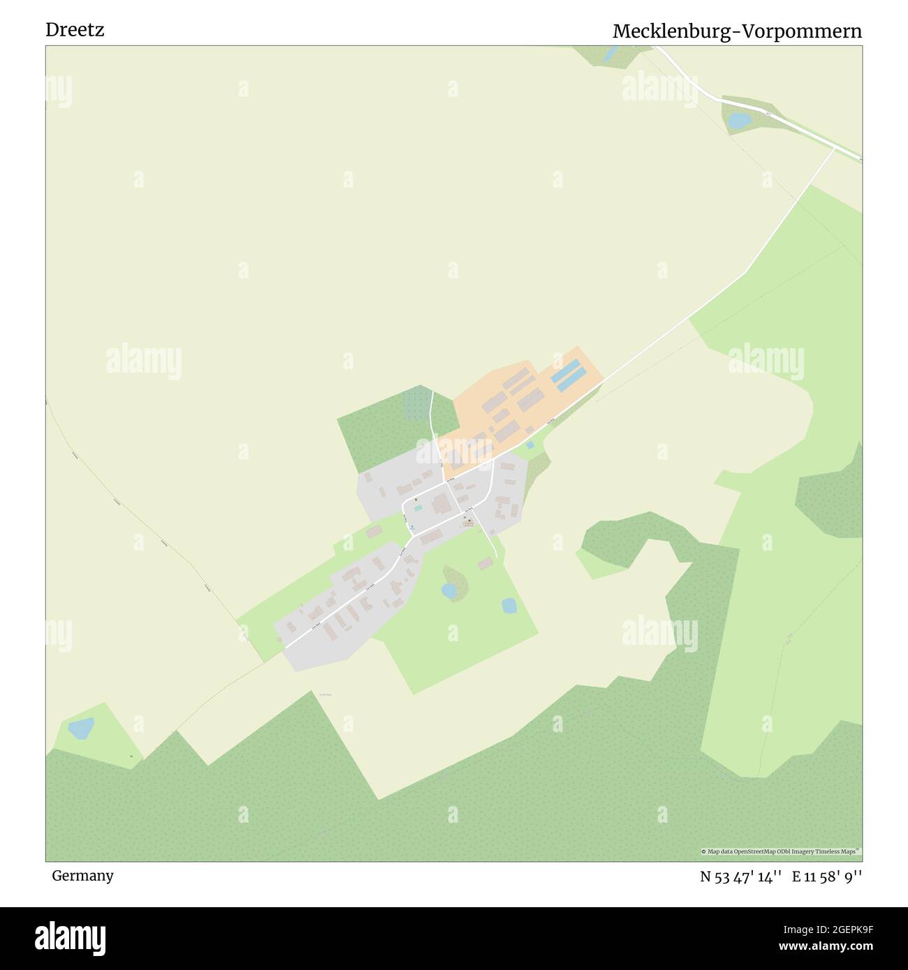 Dreetz, Allemagne, Mecklembourg-Poméranie-Occidentale, N 53 47' 14'', E 11 58' 9'', carte, carte intemporelle publiée en 2021. Les voyageurs, les explorateurs et les aventuriers comme Florence Nightingale, David Livingstone, Ernest Shackleton, Lewis et Clark et Sherlock Holmes se sont appuyés sur des cartes pour planifier leurs voyages dans les coins les plus reculés du monde. Timeless Maps dresse la carte de la plupart des sites du monde, montrant ainsi la réalisation de grands rêves Banque D'Images