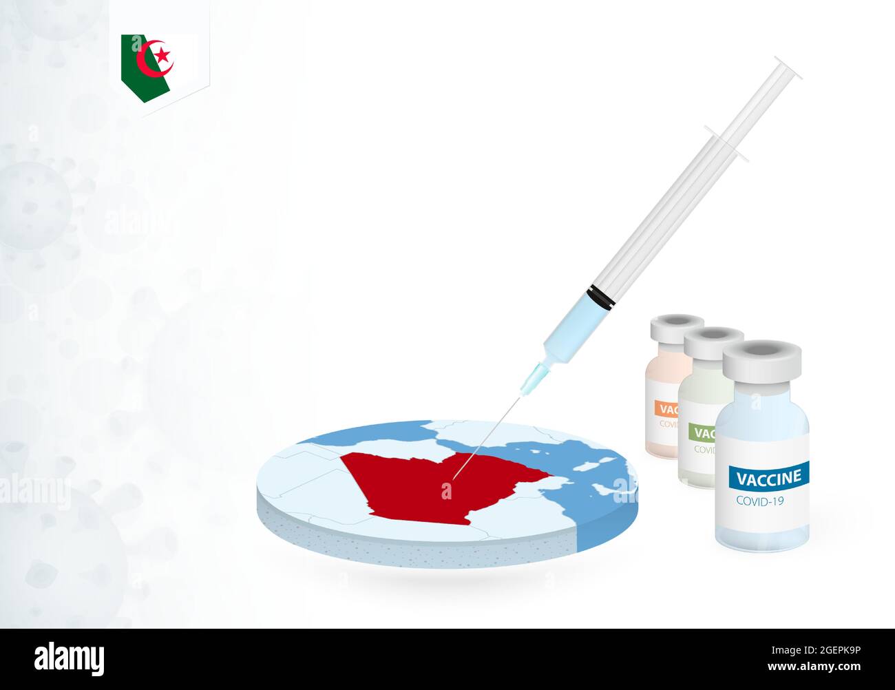 Vaccination en Algérie avec différents types de vaccin COVID-19. Сoncept avec l'injection du vaccin dans la carte de l'Algérie. Illustration vectorielle. Illustration de Vecteur