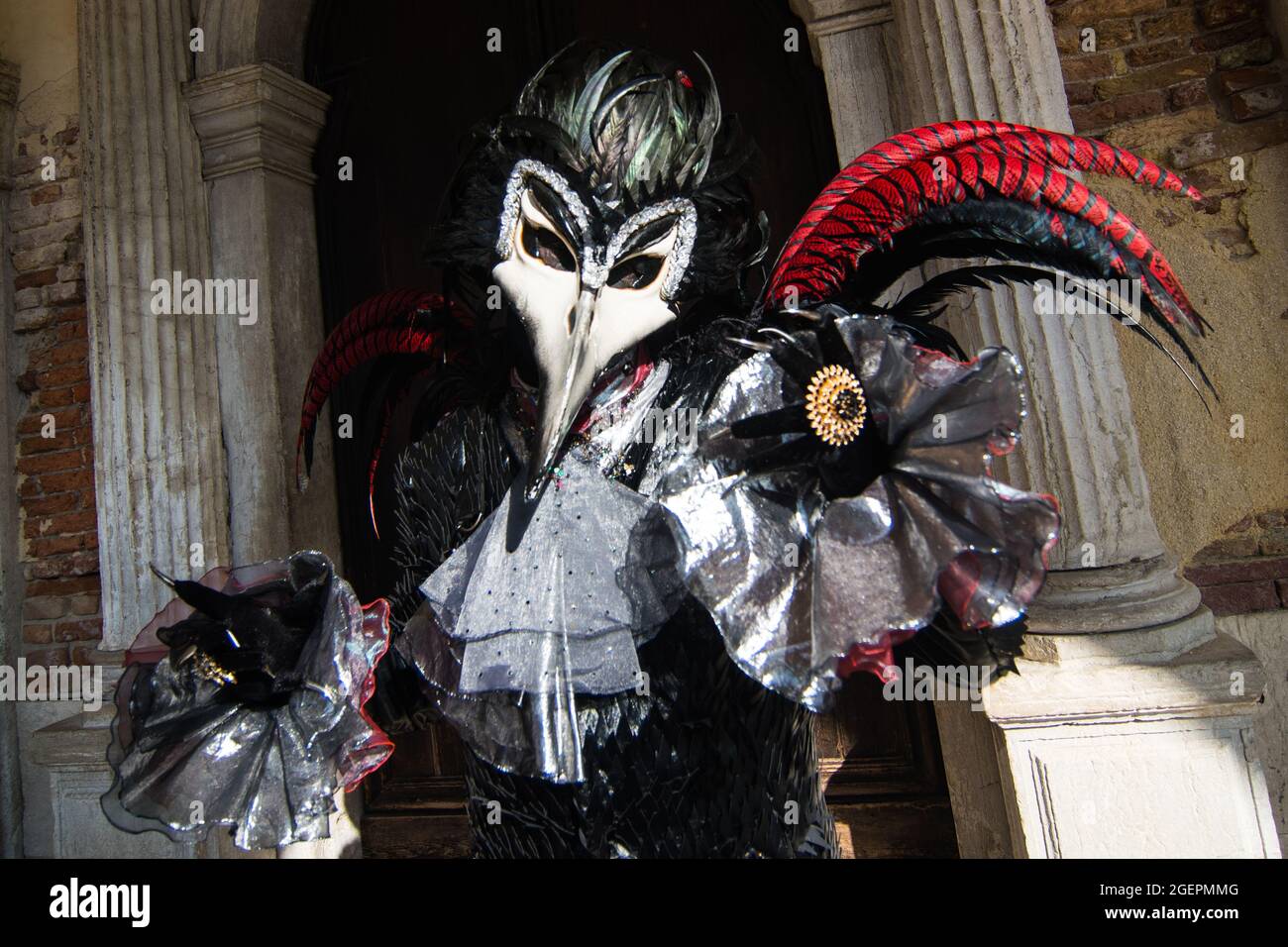 Personne portant un masque d'oiseau et un costume de carnaval posant sur le fond d'un ancien bâtiment Banque D'Images
