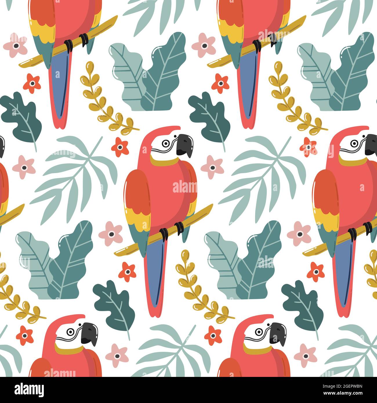 Motif tropical sans couture avec des oiseaux, des branches et des feuilles exotiques. Magnifique arrière-plan d'été. Illustration vectorielle dessinée à la main. Illustration de Vecteur