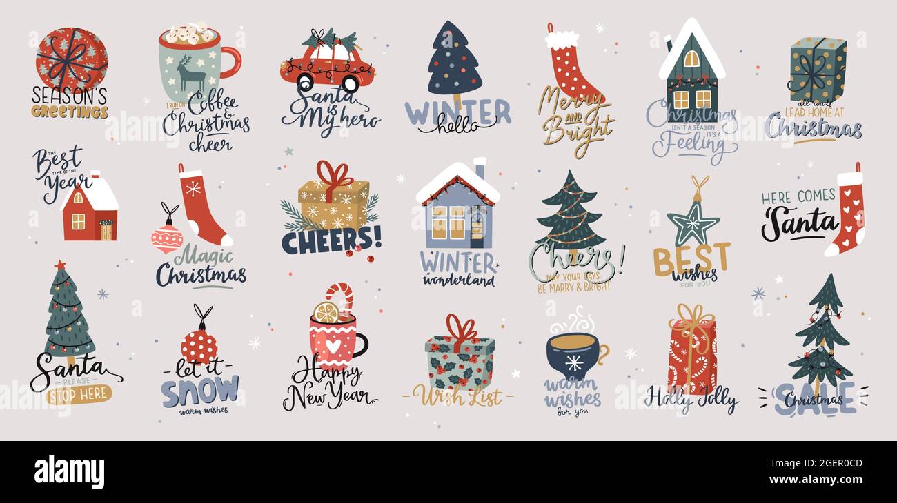 Collection de jolis imprimés de Noël et du nouvel an. Éléments de décoration de fête. Symboles et lettres de vacances dessinés à la main. Illustration vectorielle. Illustration de Vecteur