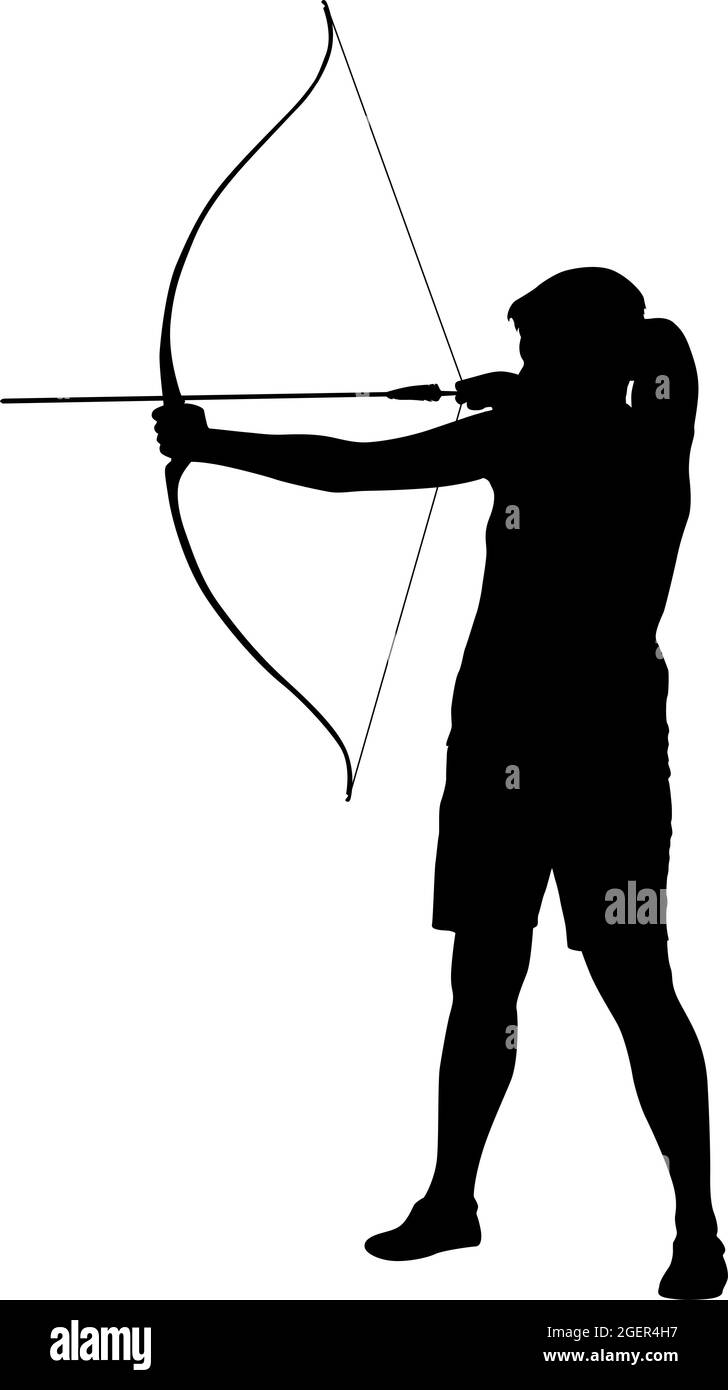 Silhouette femme attrayante archer plier un arc et visant à la cible. Illustration de Vecteur