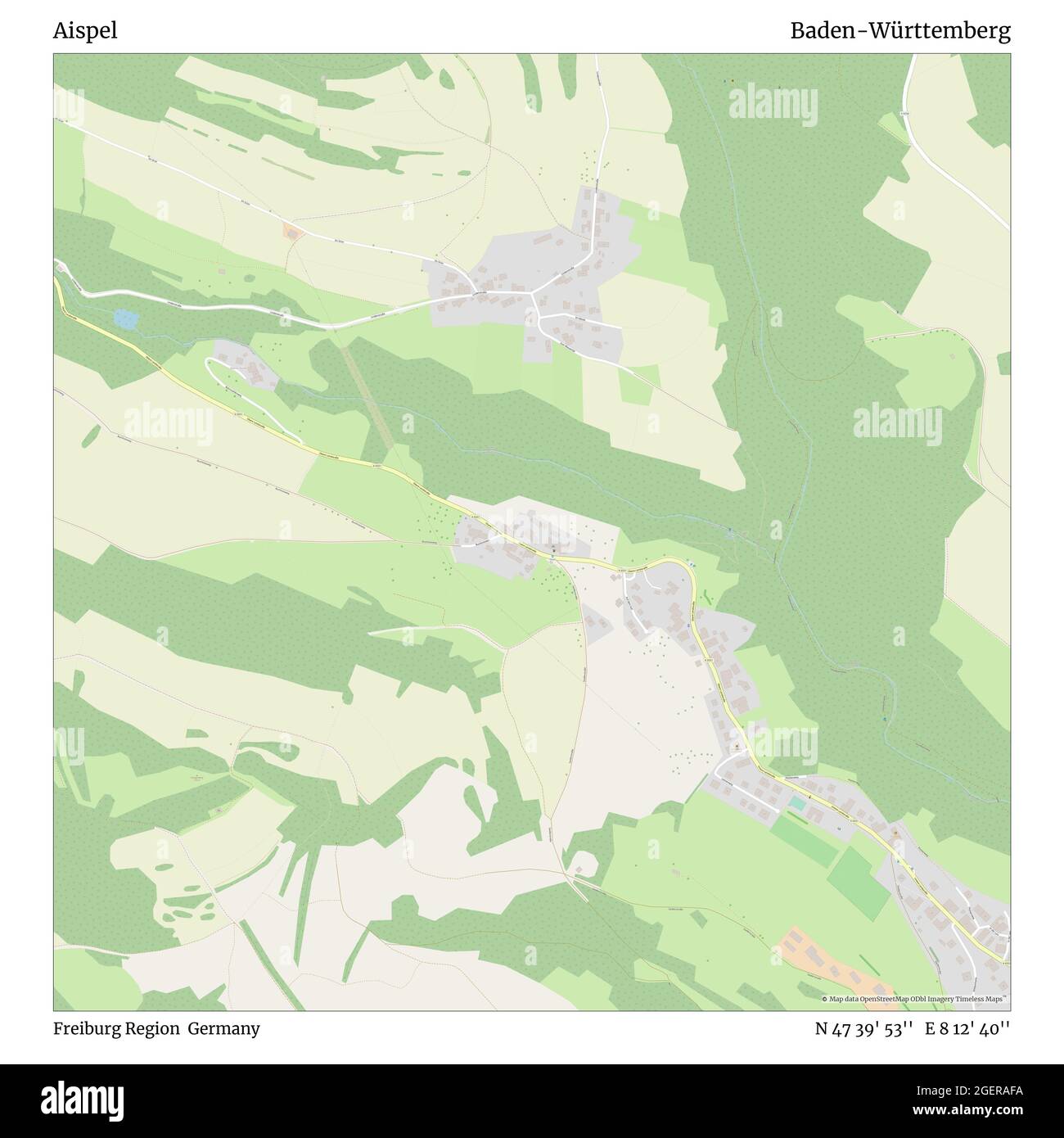 Aispel, région de Fribourg, Allemagne, Bade-Wurtemberg, N 47 39' 53'', E 8 12' 40'', carte, carte intemporelle publiée en 2021. Les voyageurs, les explorateurs et les aventuriers comme Florence Nightingale, David Livingstone, Ernest Shackleton, Lewis et Clark et Sherlock Holmes se sont appuyés sur des cartes pour planifier leurs voyages dans les coins les plus reculés du monde. Timeless Maps dresse la carte de la plupart des sites du monde, montrant ainsi la réalisation de grands rêves Banque D'Images